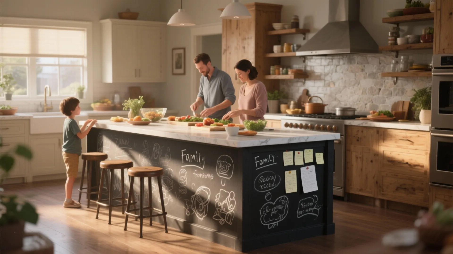 Family preparing food on kitchen island with chalkboard side showing drawings and wooden bar stools
