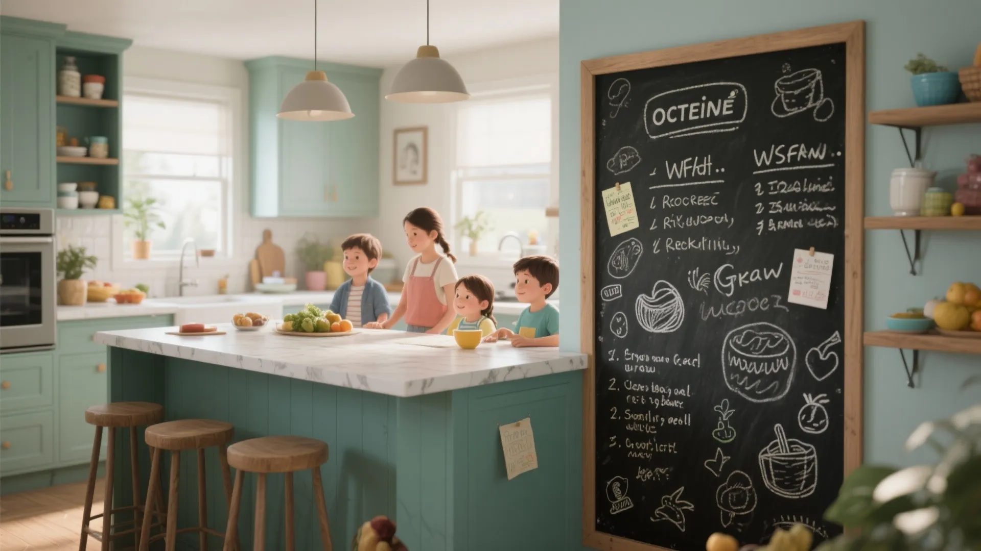 Green kitchen island with marble top children standing near a large chalkboard with menu drawings