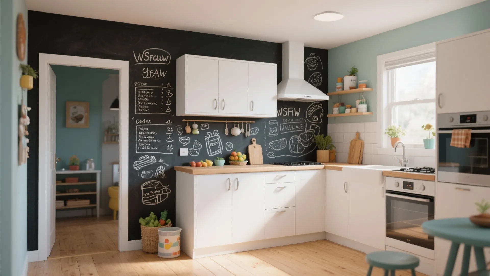 Chalkboard accent wall in small kitchen with white cabinets