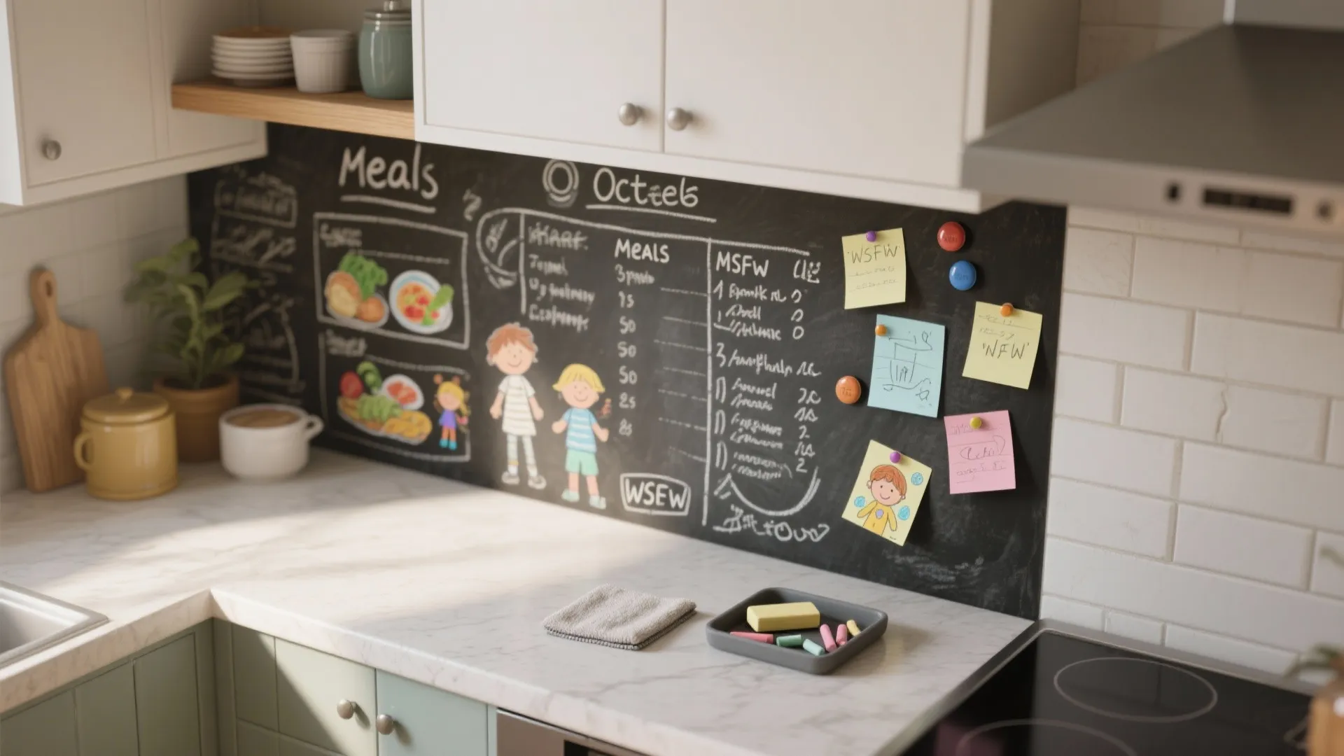 Kitchen countertop with a black chalkboard wall used for meal planning and colorful sticky notes