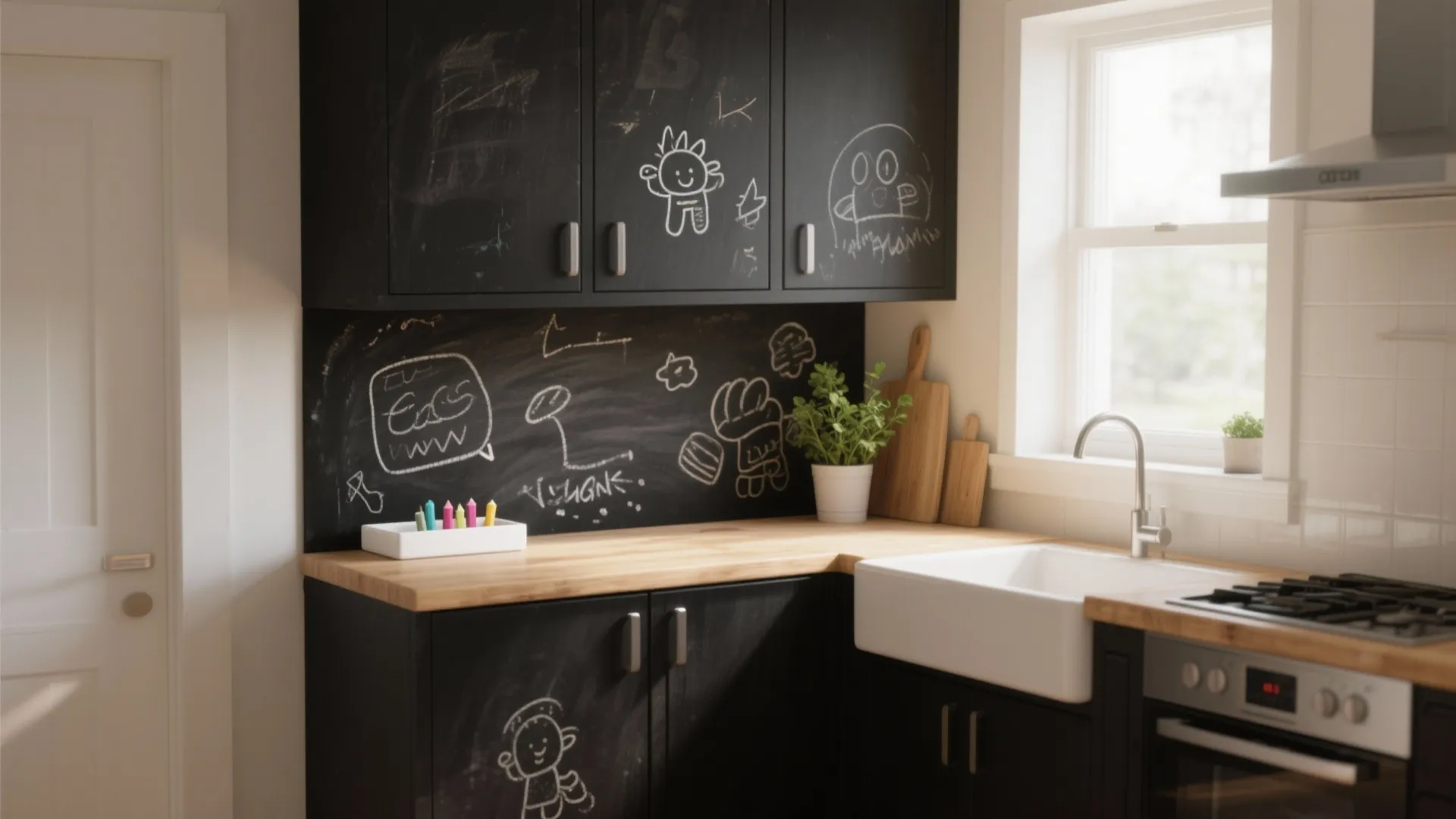 Black kitchen cabinets with chalkboard surfaces showing chalk drawings near a white sink and window