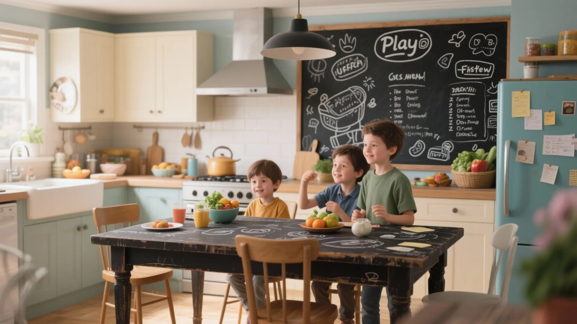 Three young boys sitting at a black chalkboard table in a bright kitchen with drawings