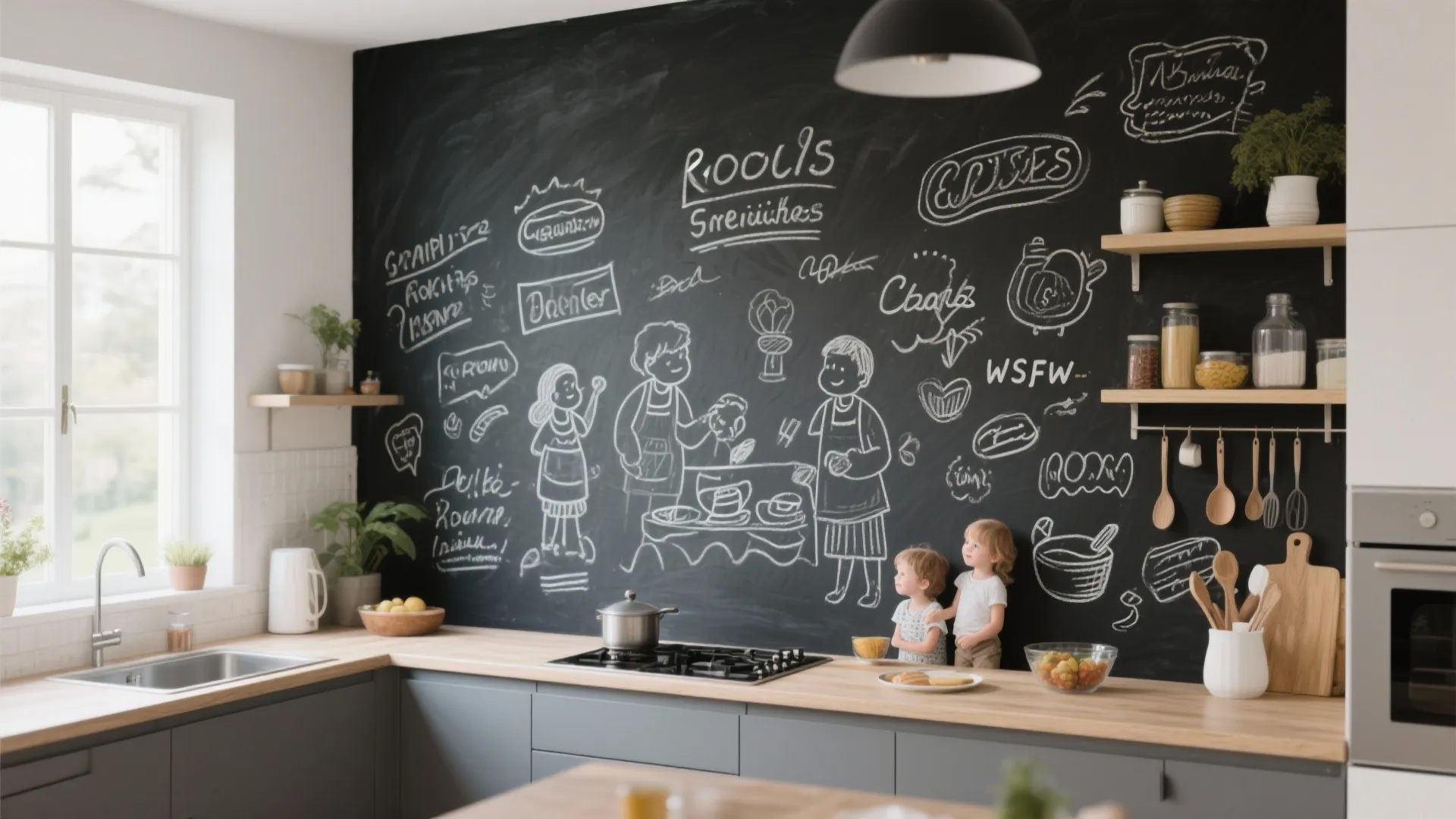 Modern kitchen with large black chalkboard wall featuring hand drawn family art and open wooden shelves