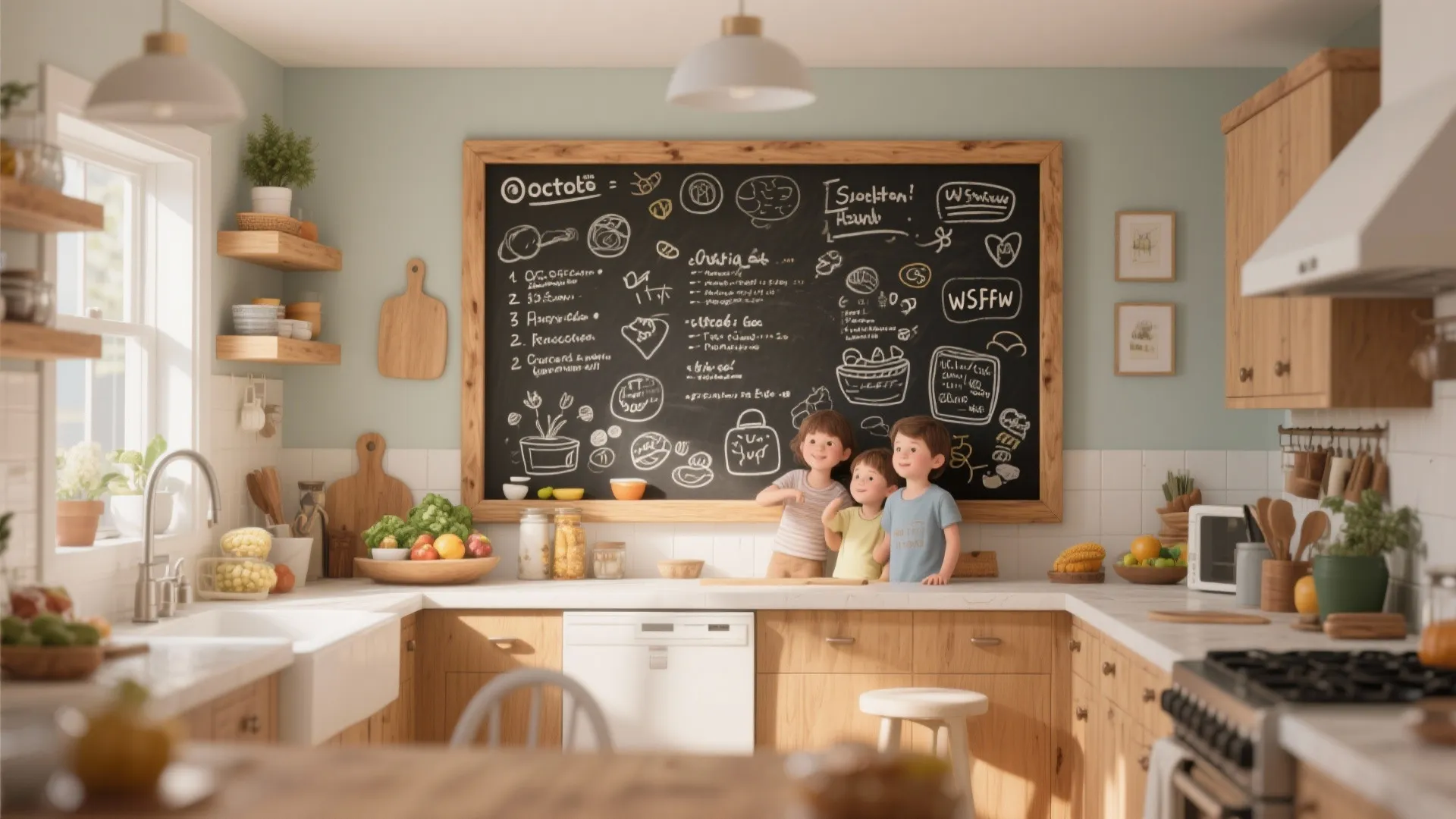 Modern kitchen with large chalkboard wall and wooden cabinets plus children standing by the counter