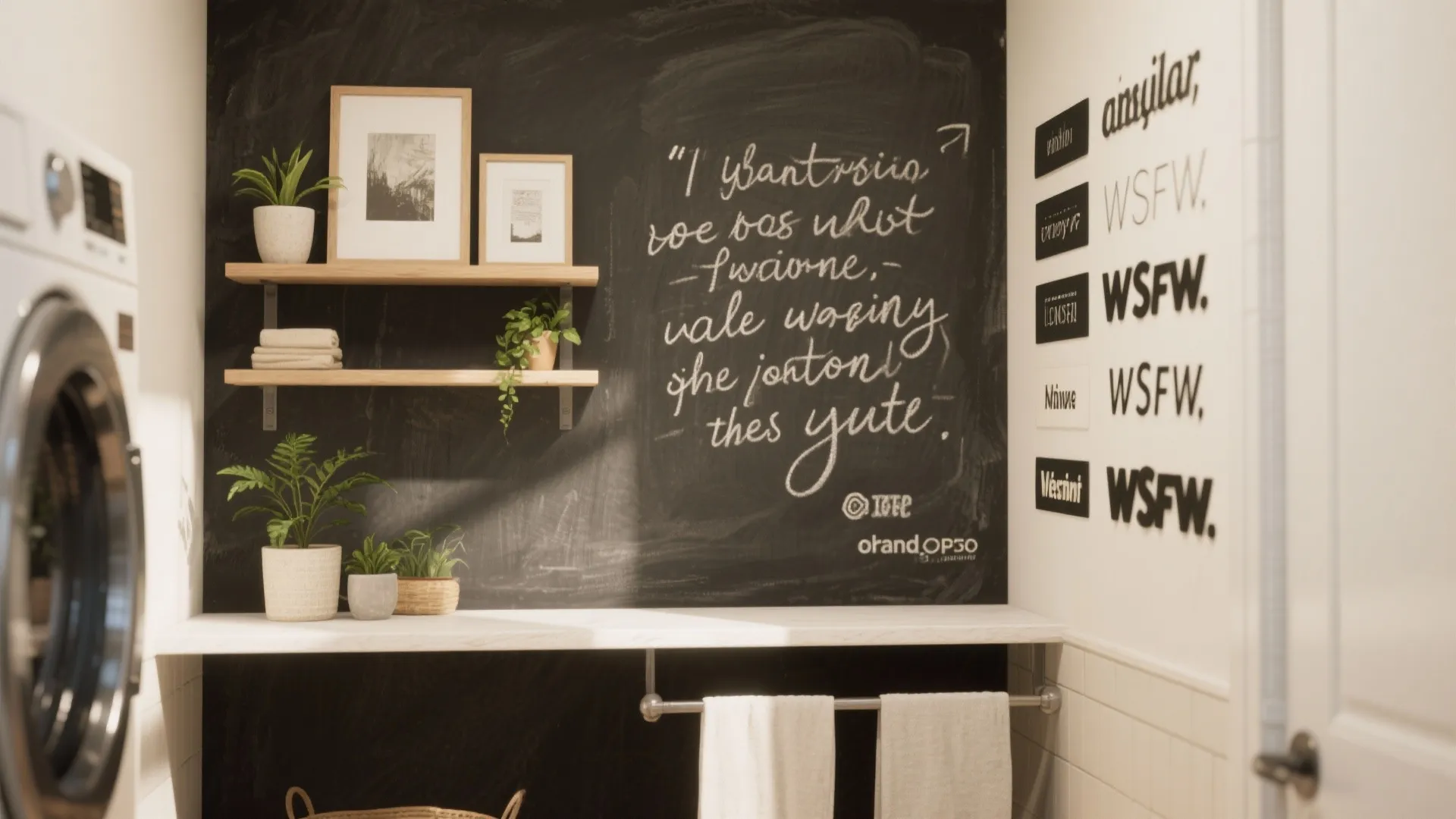 Modern laundry room featuring black chalkboard wall wooden shelves small plants and white hanging towels