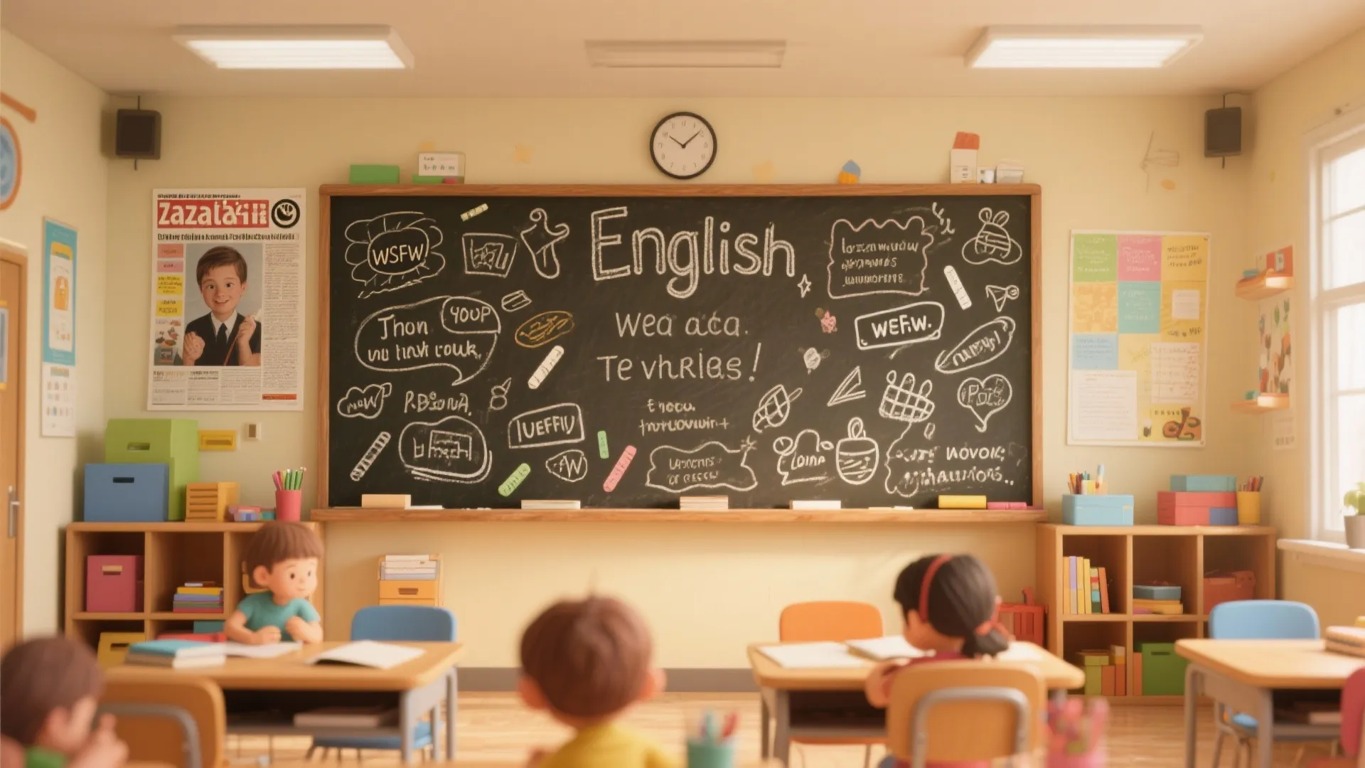 Classroom interior featuring kids at desks facing a large chalkboard with English words and drawings