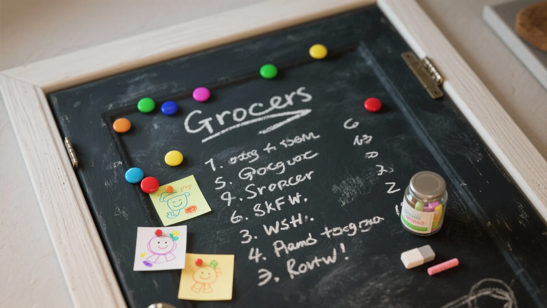Black magnetic chalkboard with grocery list colorful magnets and drawing paper in a white frame
