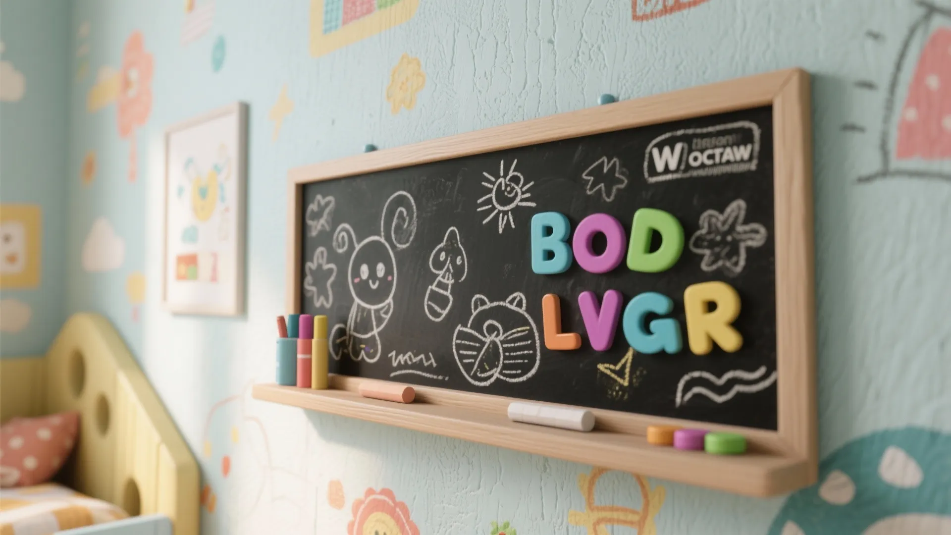 Close-up of a chalkboard and magnetic wall section with kids' drawings, magnetic letters, and sealed finish.