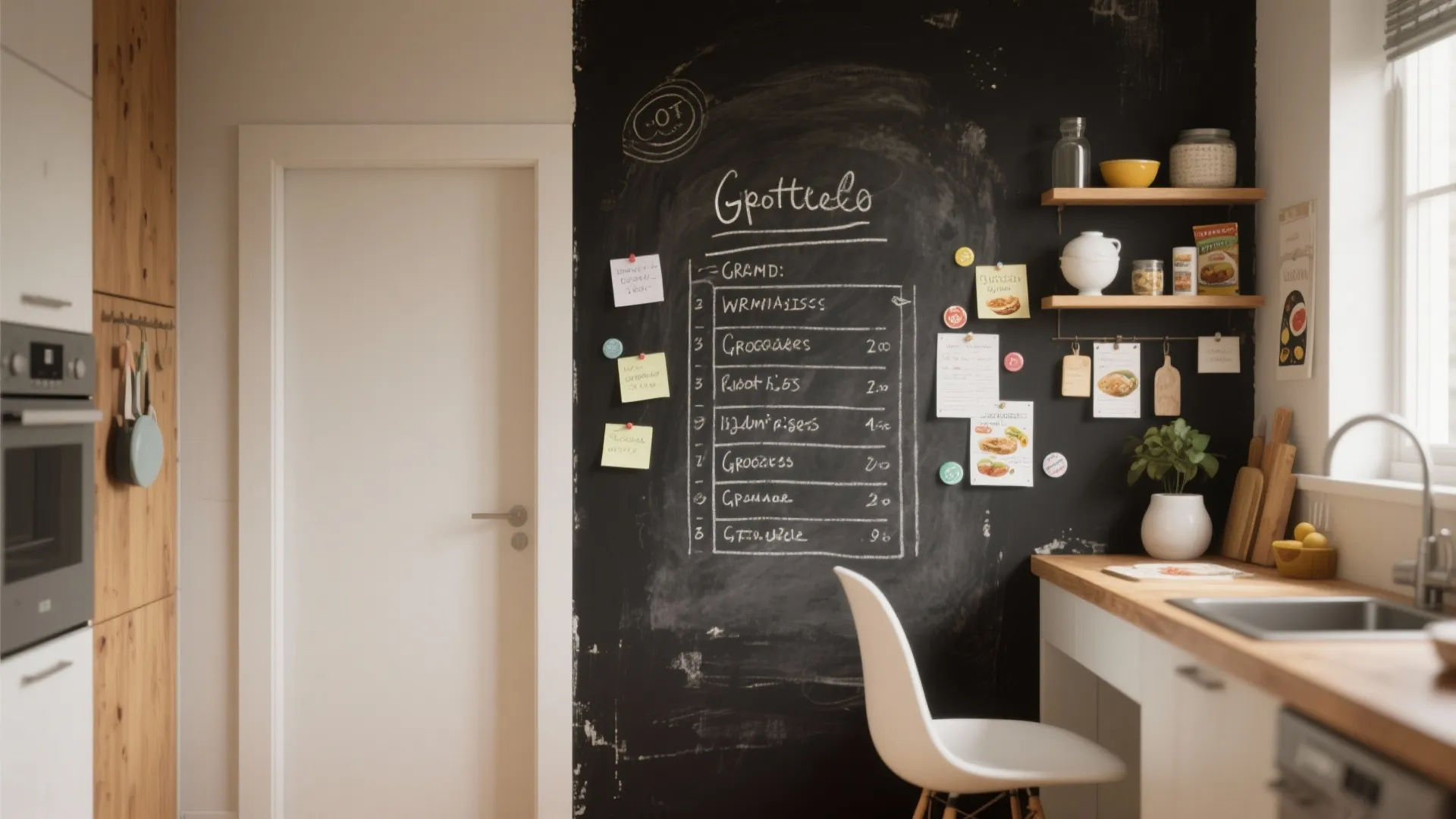 Kitchen interior with a large black chalkboard wall used for grocery lists and menu planning