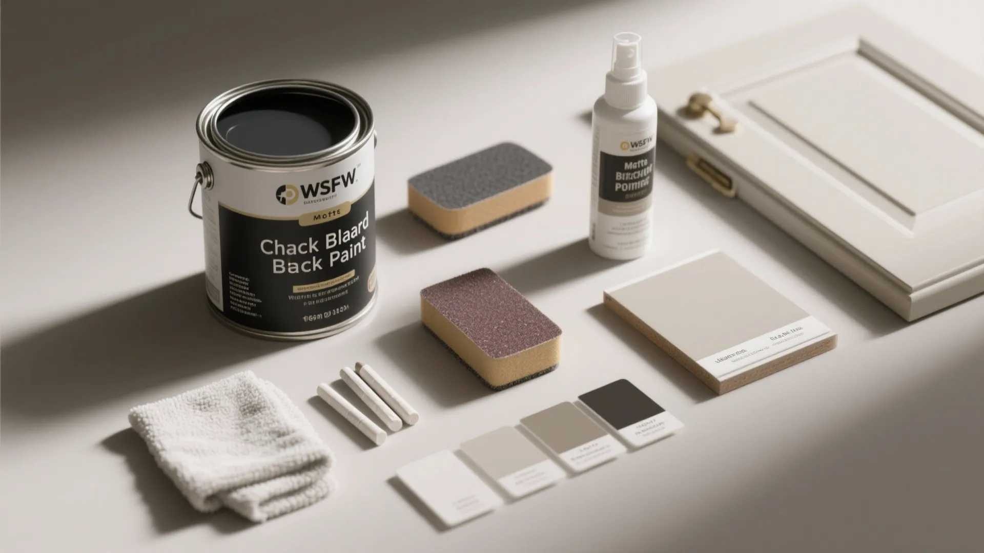 Interior design materials including black paint can sponges chalk and color samples on white table