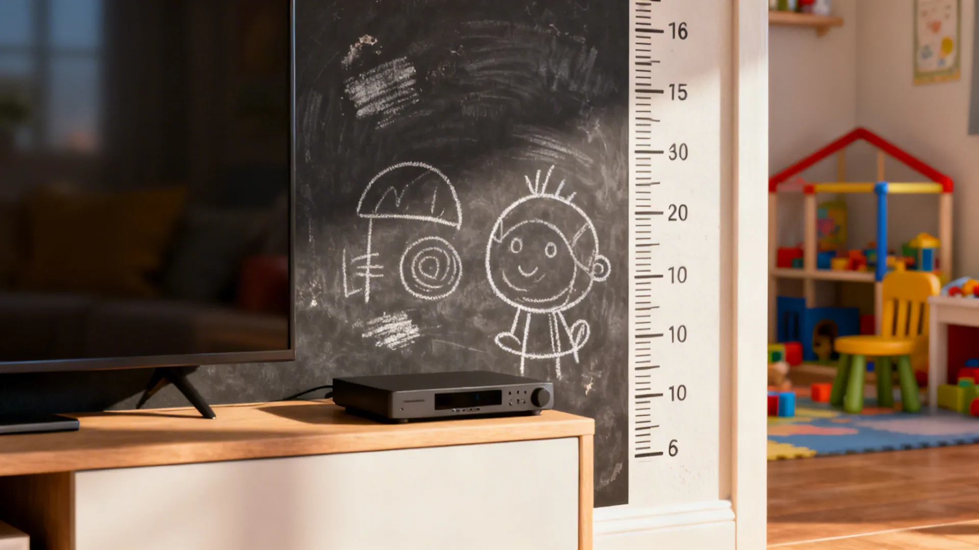 Chalkboard peel-and-stick decal and measurement decal at child height in a living room play area.
