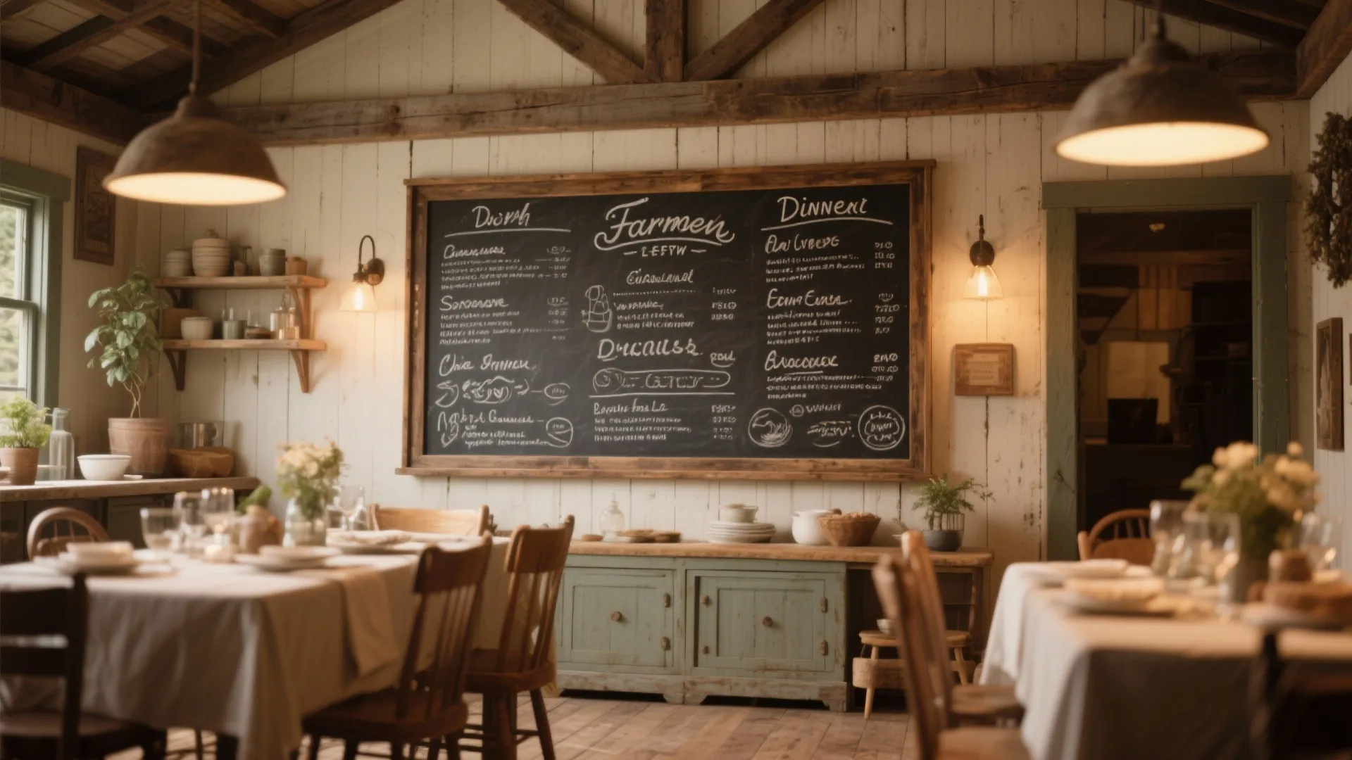 Farmhouse restaurant interior featuring a large chalkboard menu wall light and wooden tables with chairs