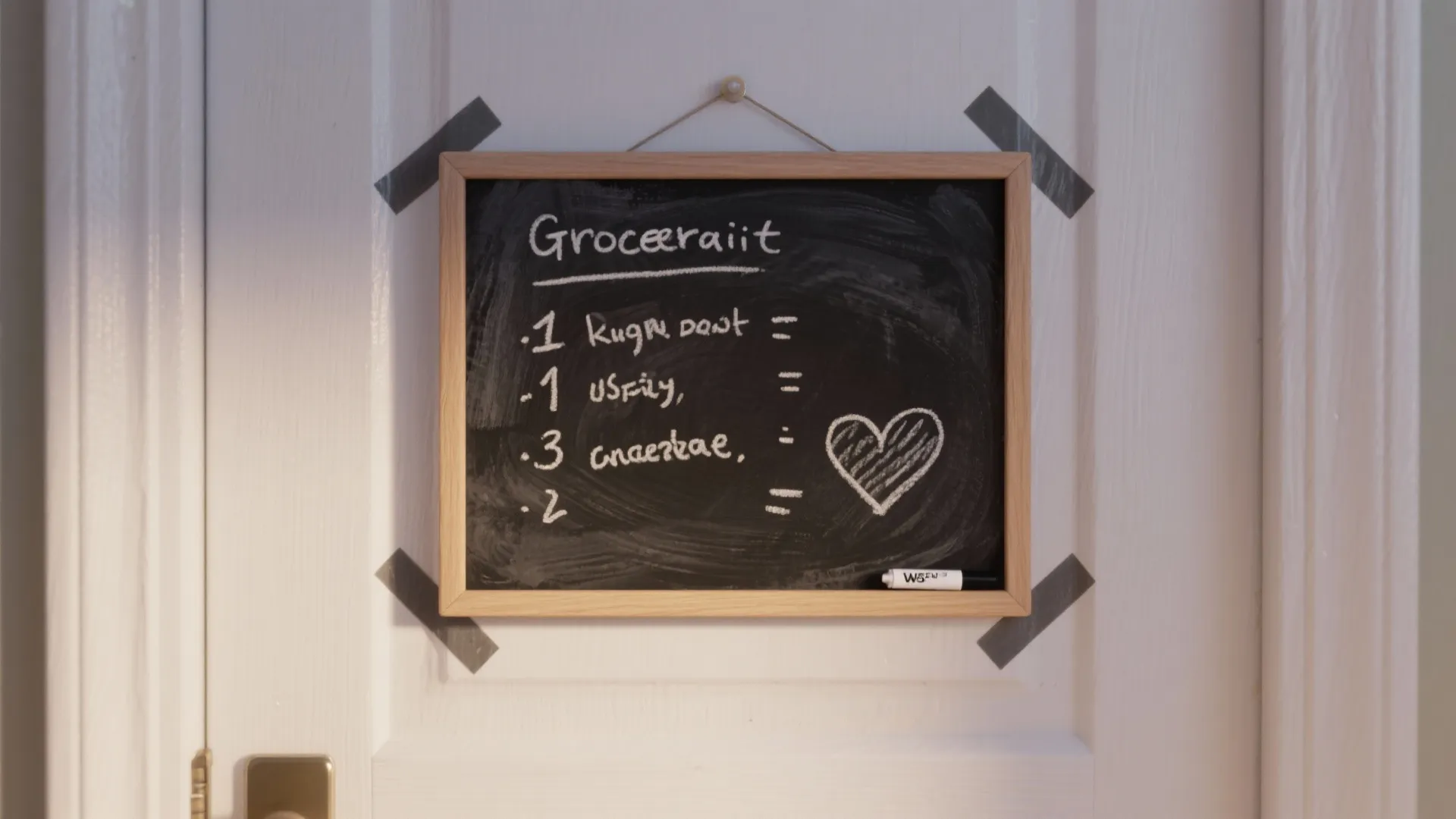 Small wooden framed chalkboard with a grocery list and heart drawing taped to white door