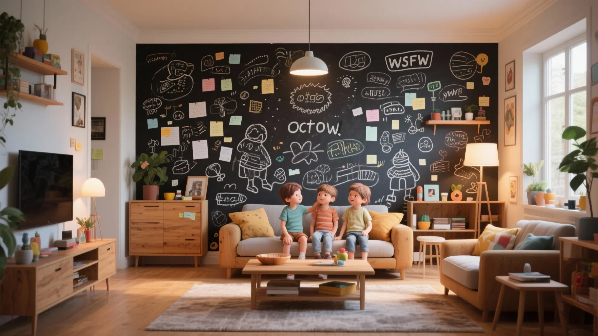 Living room with large interactive chalkboard wall