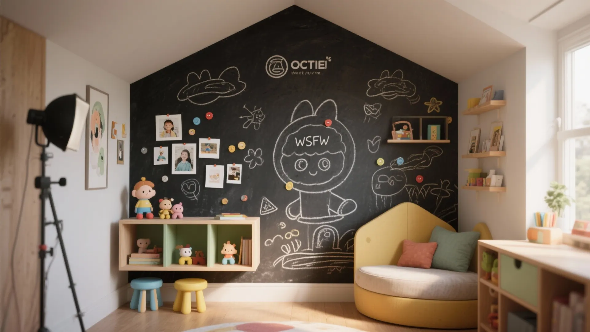 Kids playroom with chalkboard wall drawings yellow chair wooden shelves small stools and natural window light