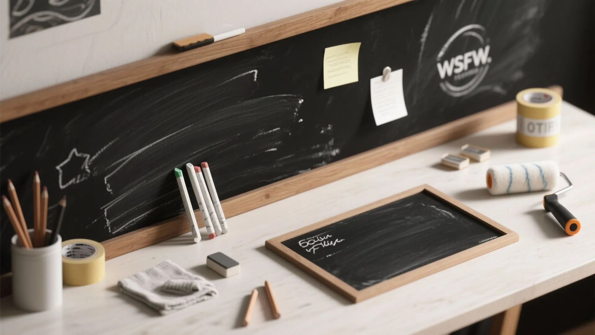 Desk with a small chalkboard, white chalk sticks, pencils, and paint roller on light wood