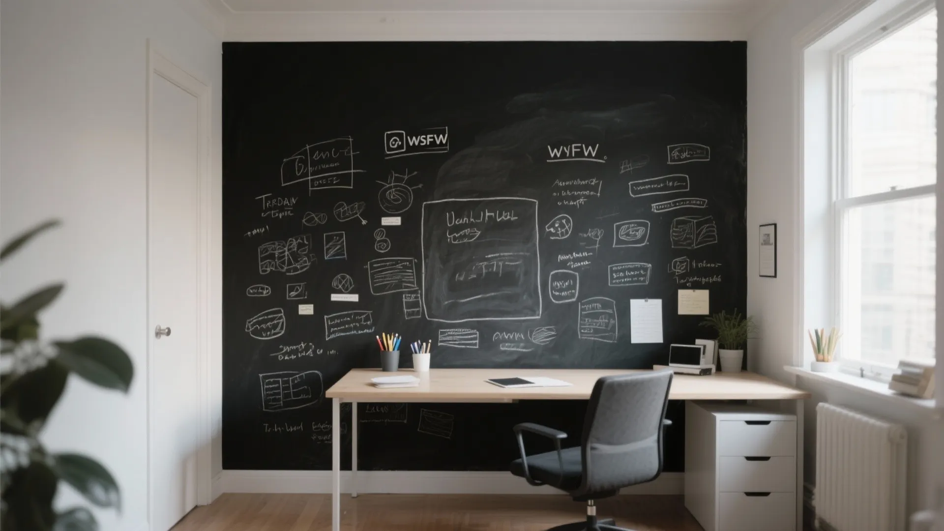 Office featuring a large chalkboard wall full of ideas and sketches