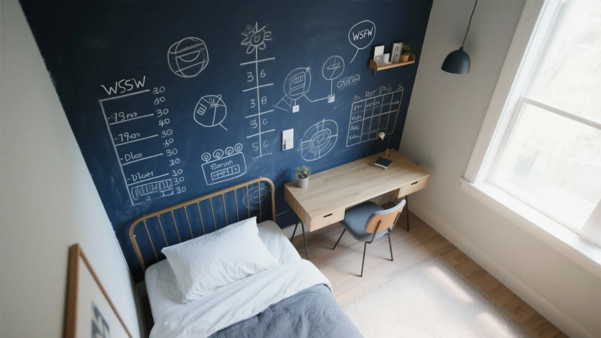 Bedroom corner with navy chalkboard paint and game sketches