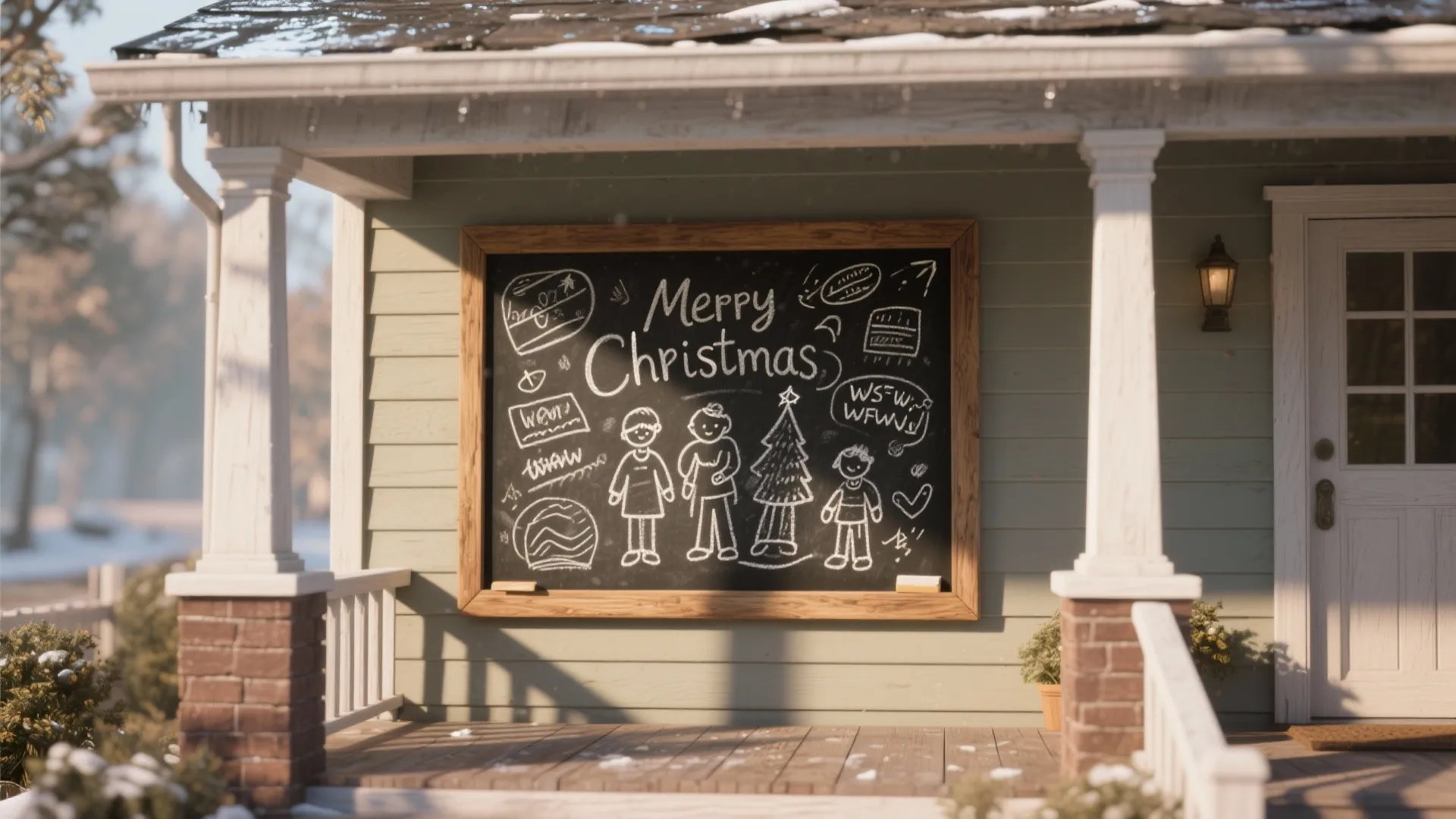 Framed chalkboard porch panel with handwritten holiday greetings on a small porch.