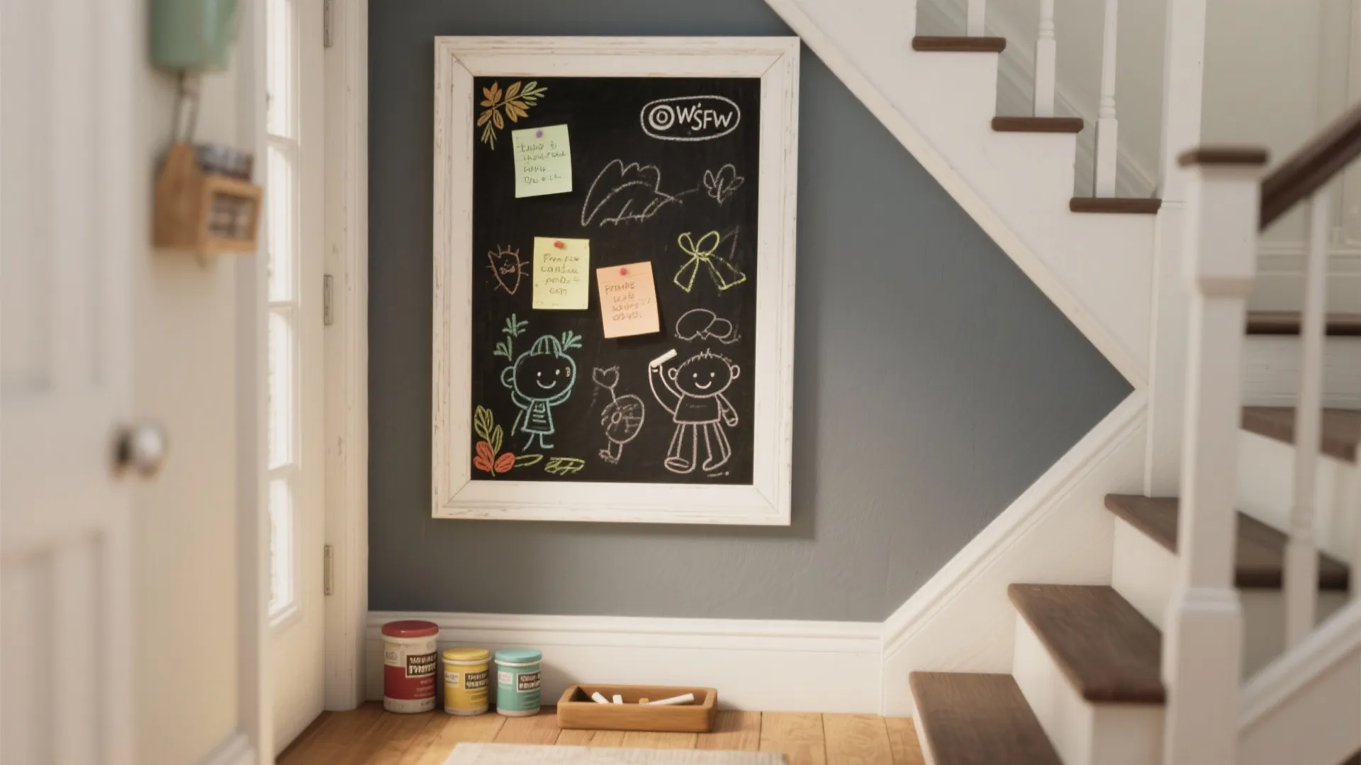 Framed chalkboard hanging on a grey wall near white stairs with children drawings and notes