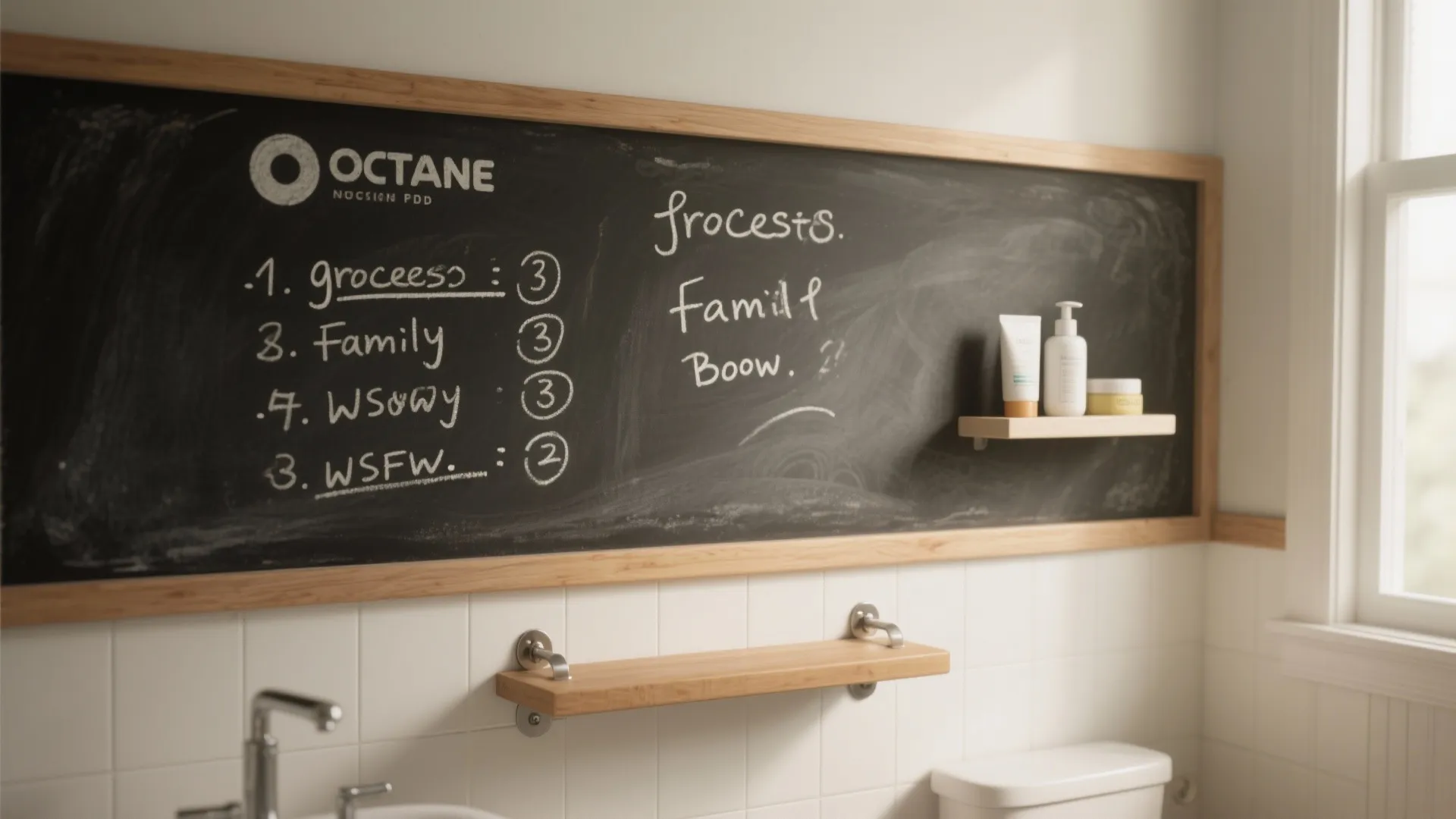 Large black wall board with handwritten notes above white bathroom tiles and small wooden shelves