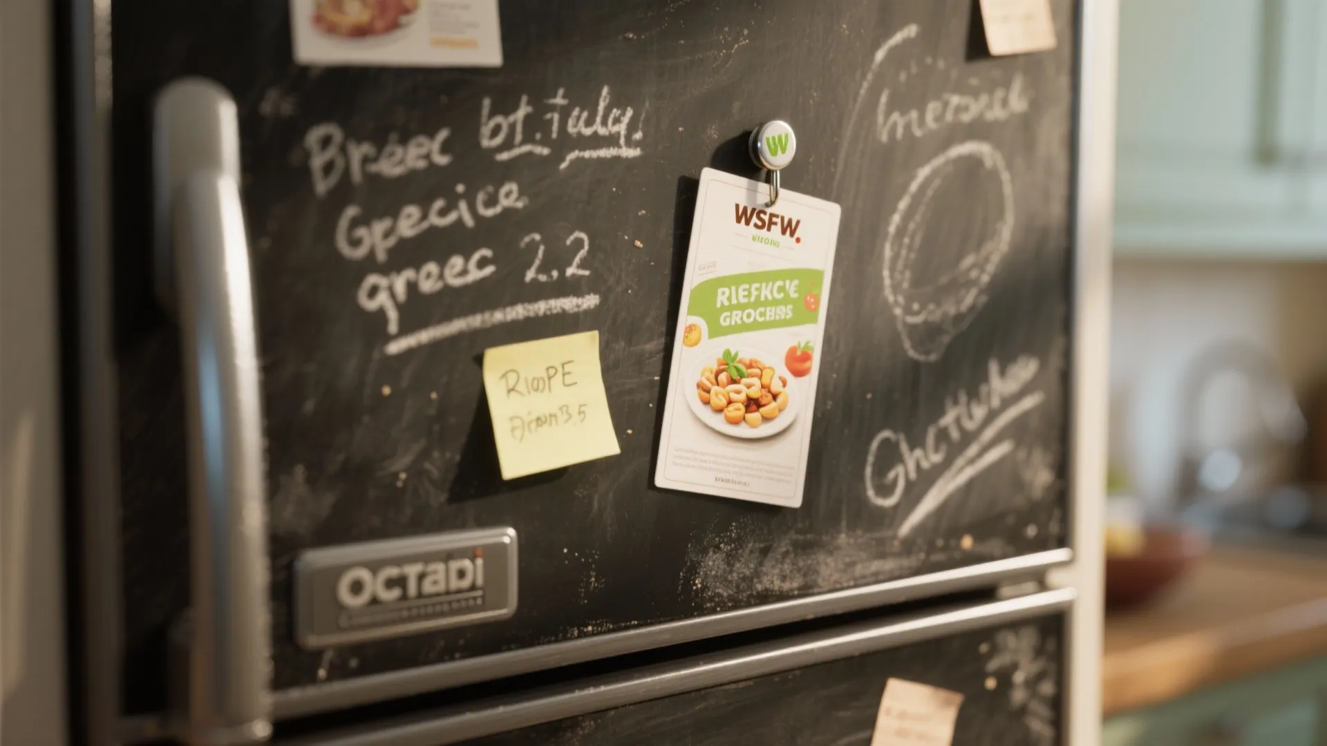 Black chalkboard surface on a kitchen appliance with white handwriting, yellow notes, and a card