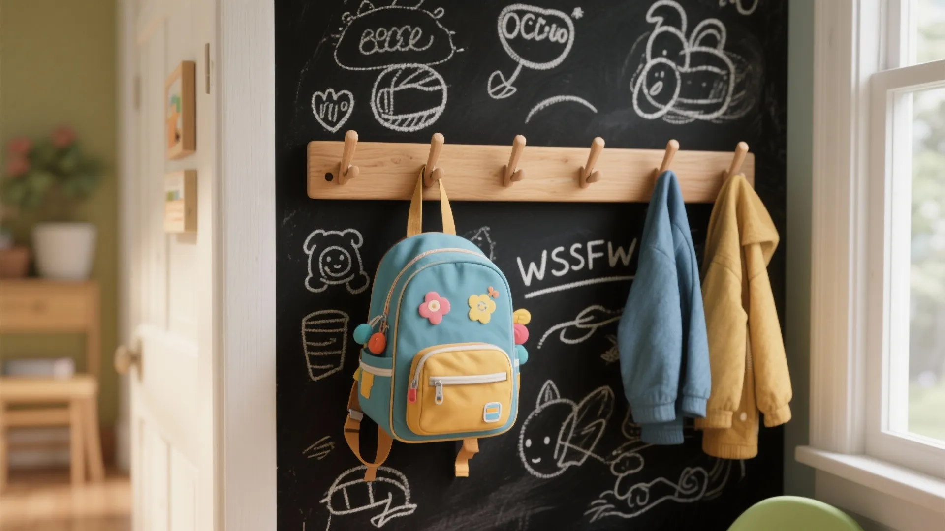 Wooden peg rack on a chalkboard wall with blue backpack and jackets hanging near window