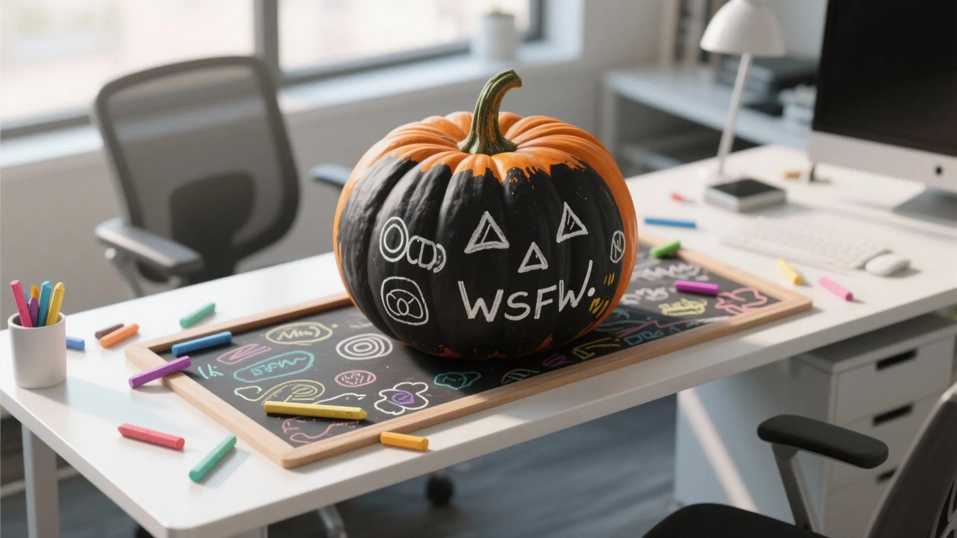 Chalkboard-painted pumpkin with colorful chalk doodles