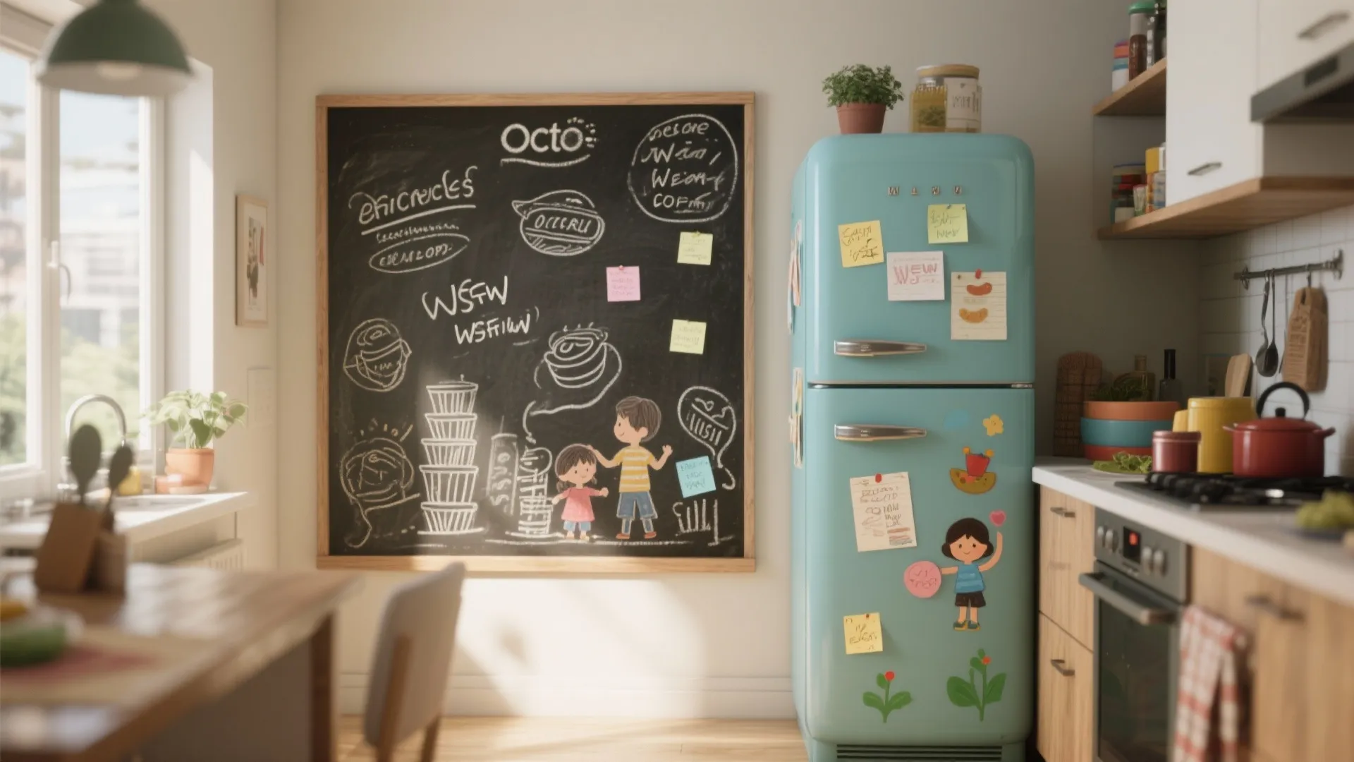 Kitchen wall with a chalkboard-painted notes section