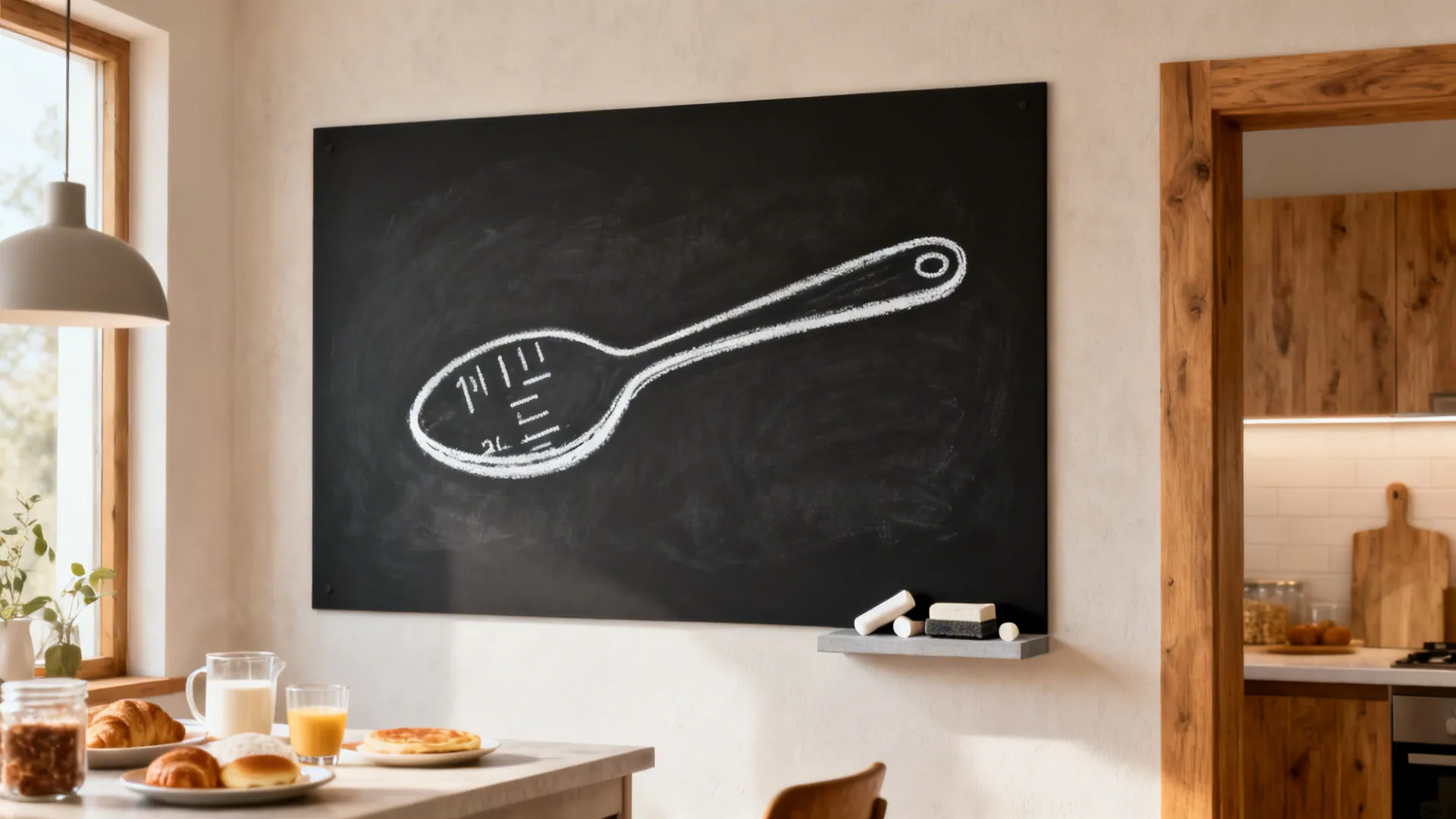 Matte black chalkboard panel with a white chalk spoon drawing in a bright kitchen corner.