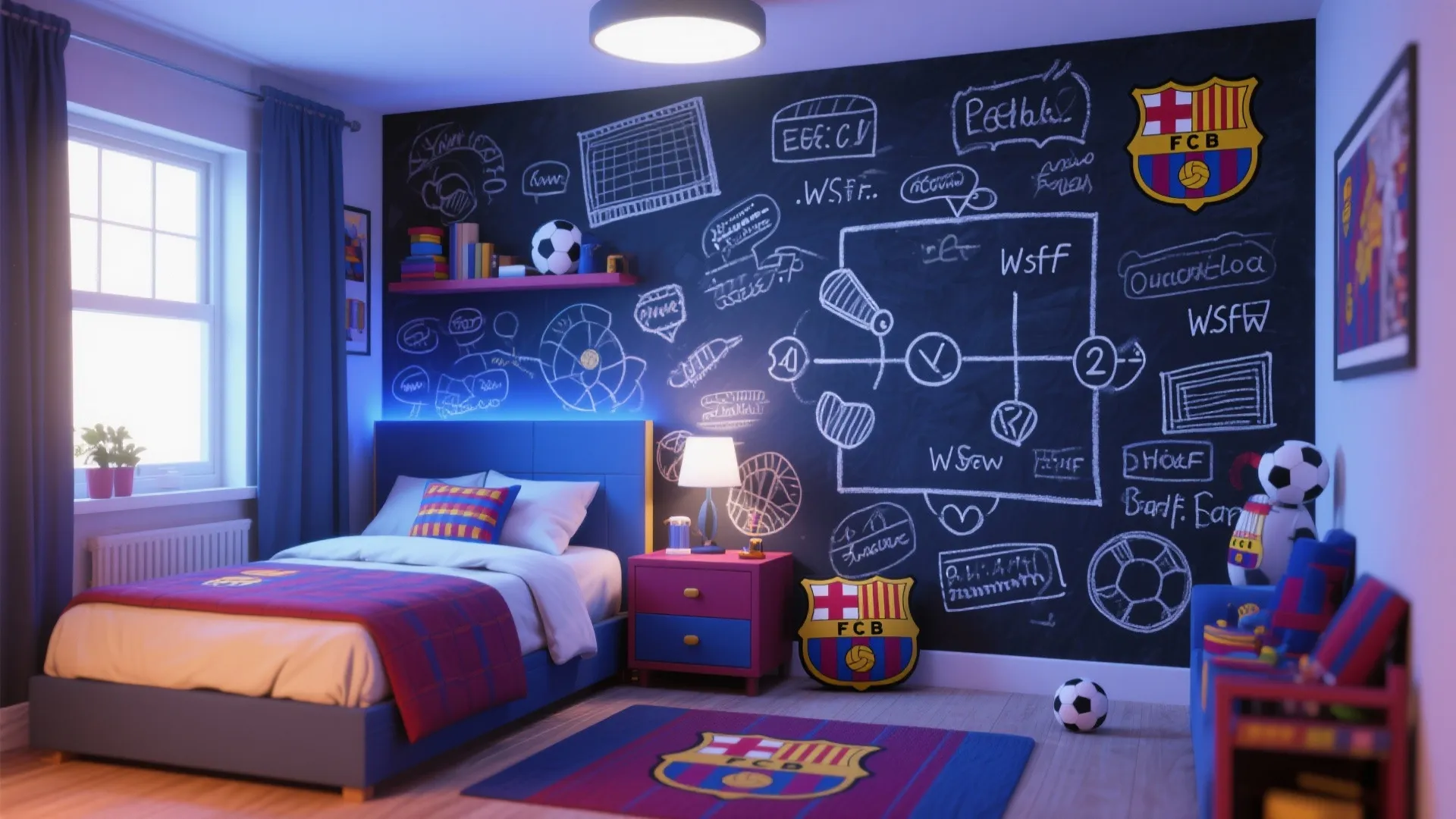 Kids bedroom with a large black chalkboard wall showing football game plans and drawings inside