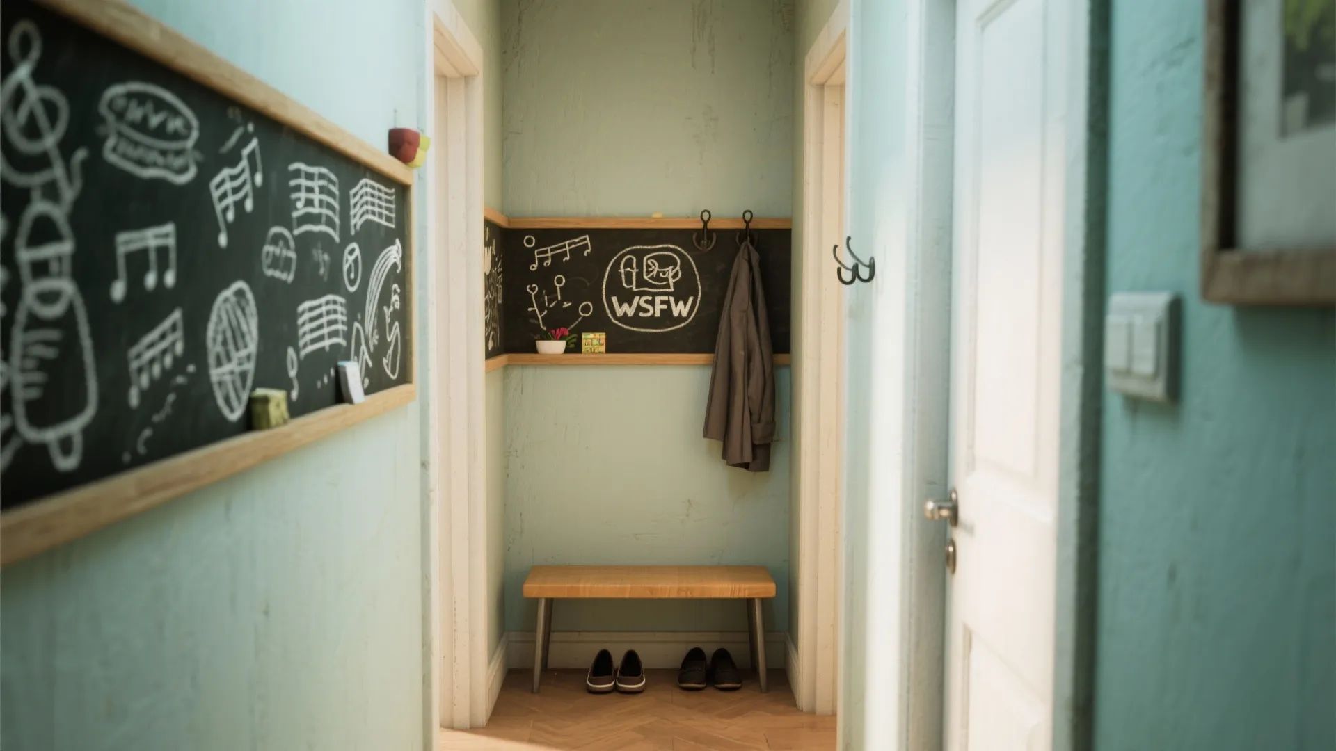 Hallway with a narrow interactive chalkboard strip showing doodles and notes.