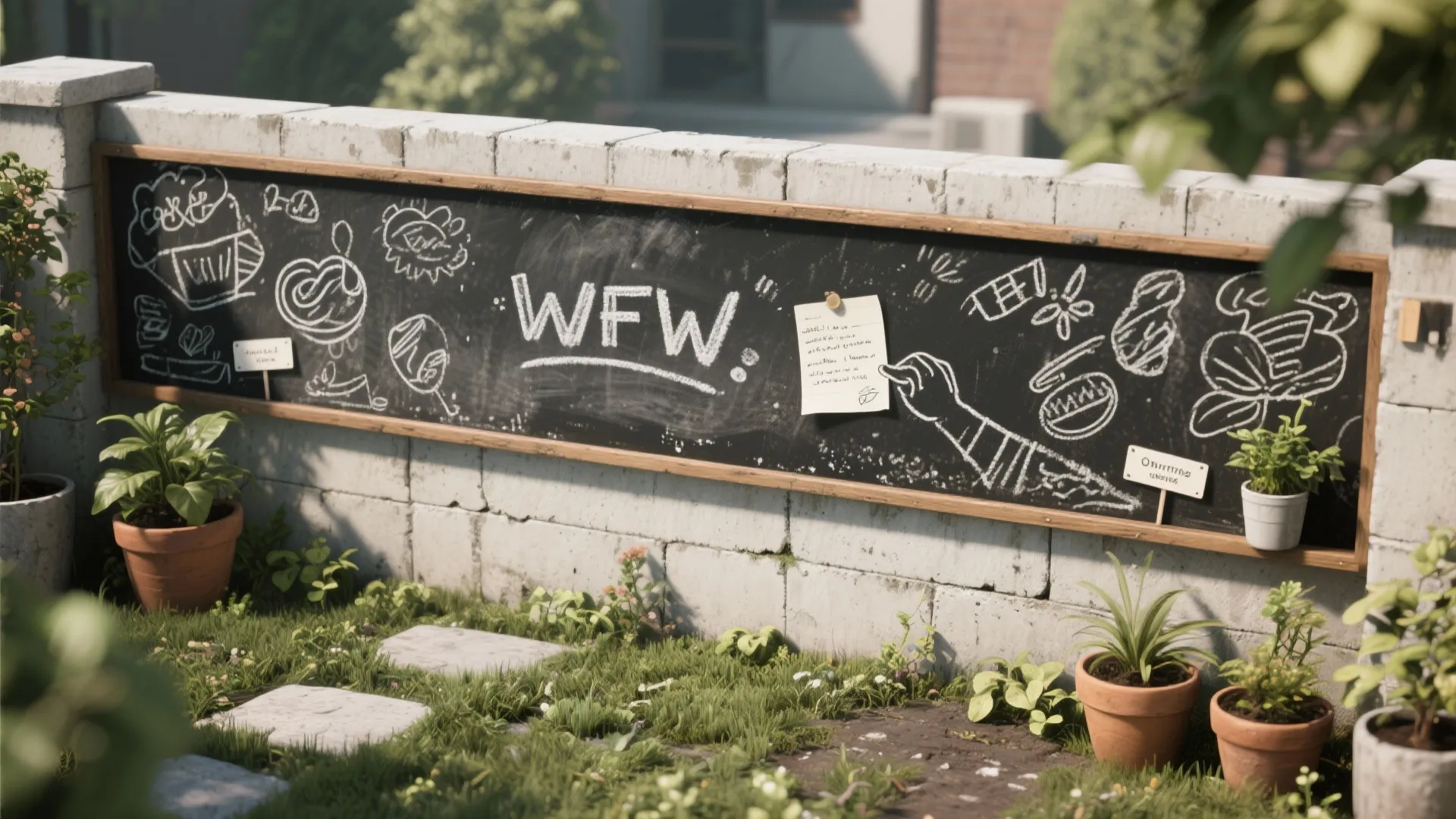 Long chalkboard mounted on a white brick garden wall with chalk drawings and potted green plants