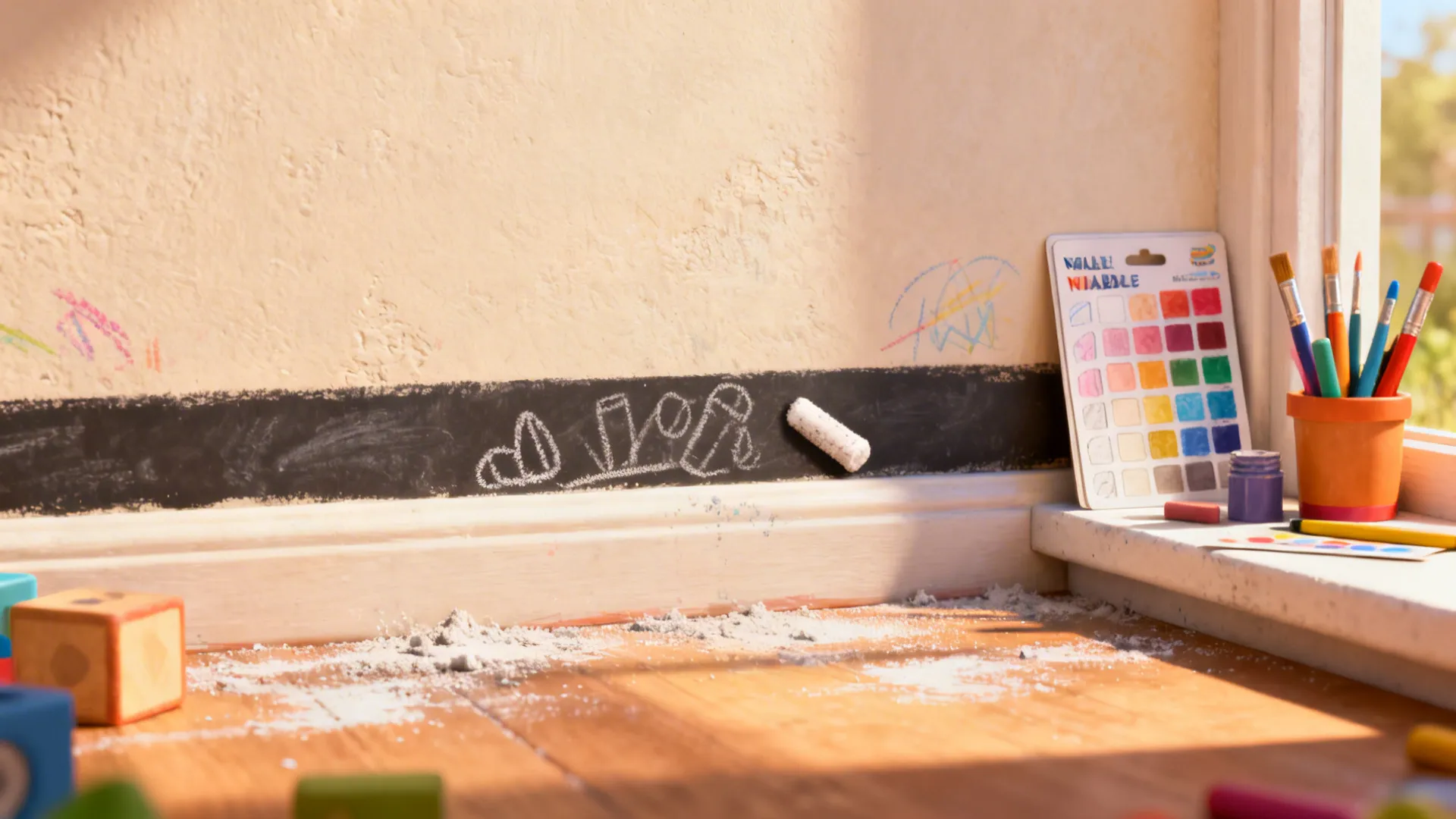 Narrow washable paint band and chalkboard strip with sample drawings and tools