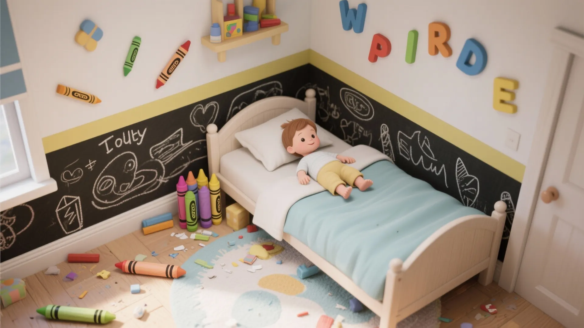 A kids bedroom featuring a chalkboard wall with drawings, colorful letter decor, and blue bedding