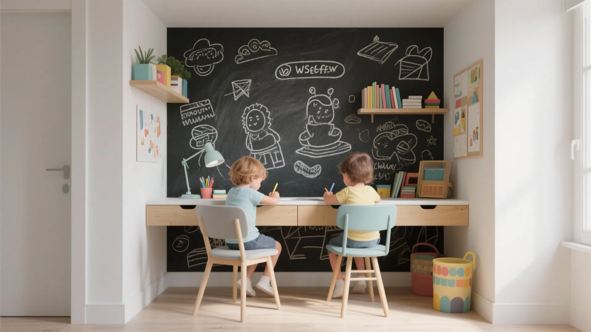 Kids study nook with writable chalkboard wallpaper