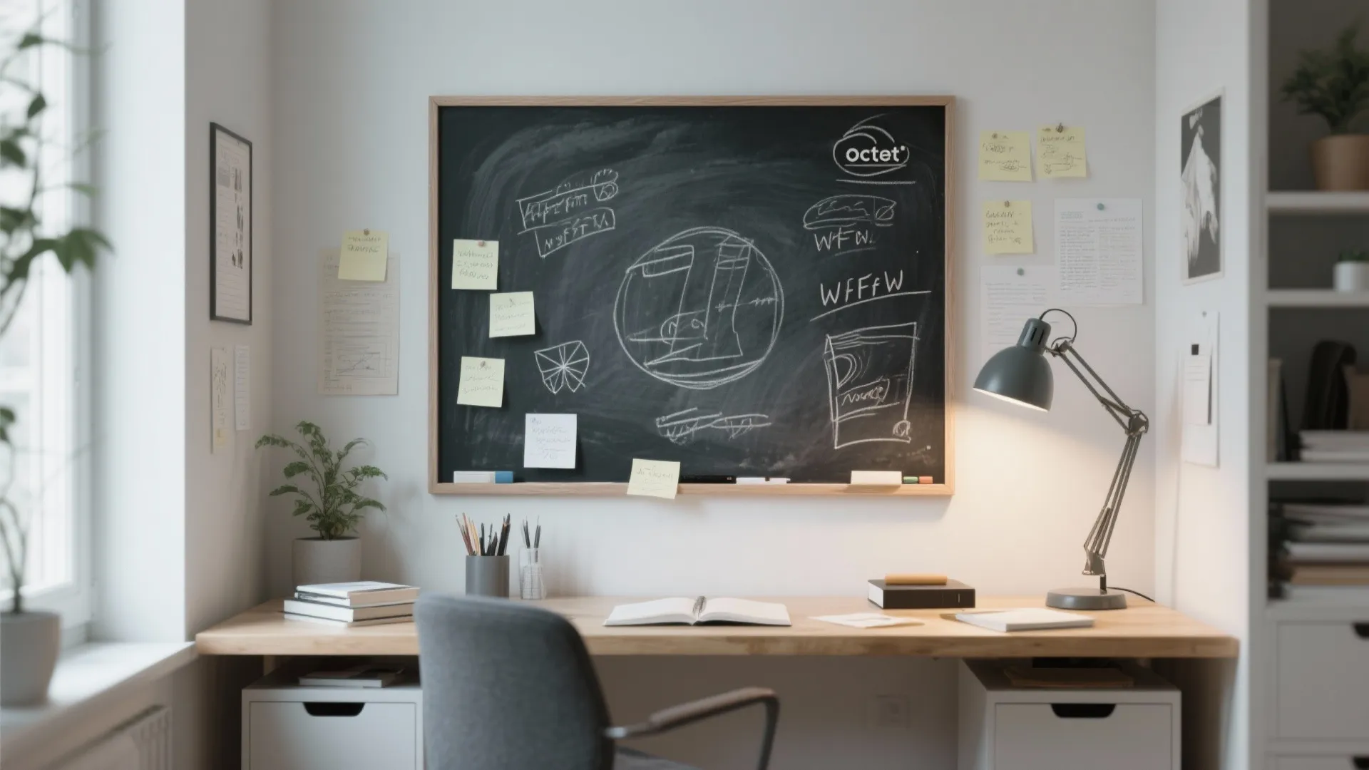 Modern home office with large chalkboard on wall wooden desk grey chair and bright desk lamp
