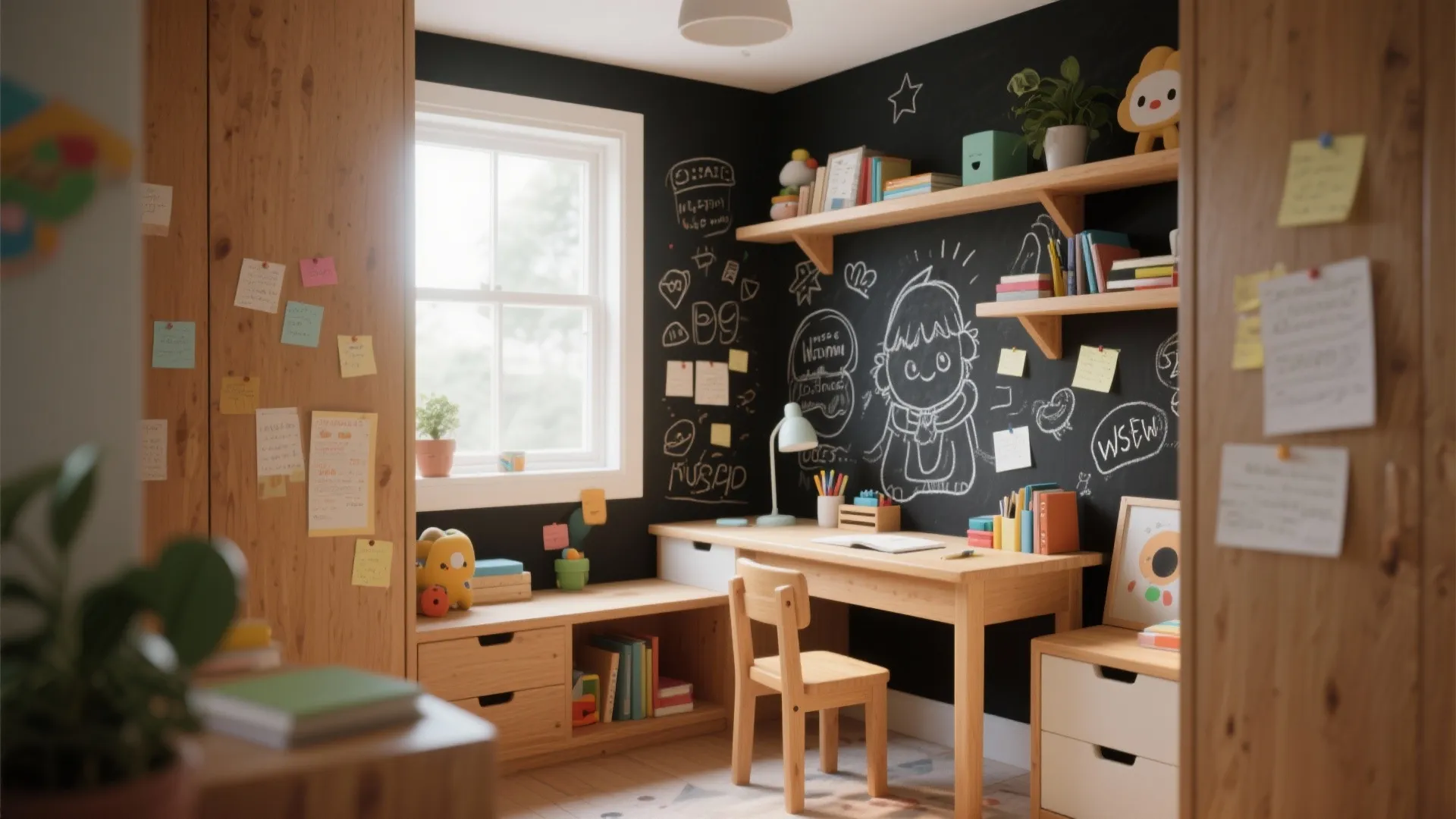 Children's study nook with chalkboard wallpaper behind desk