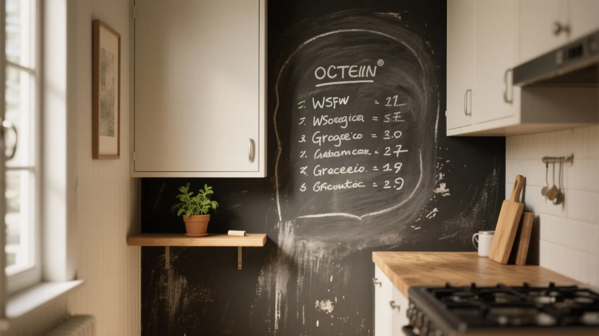 Modern kitchen with white cabinets and a large black chalkboard wall for notes and lists