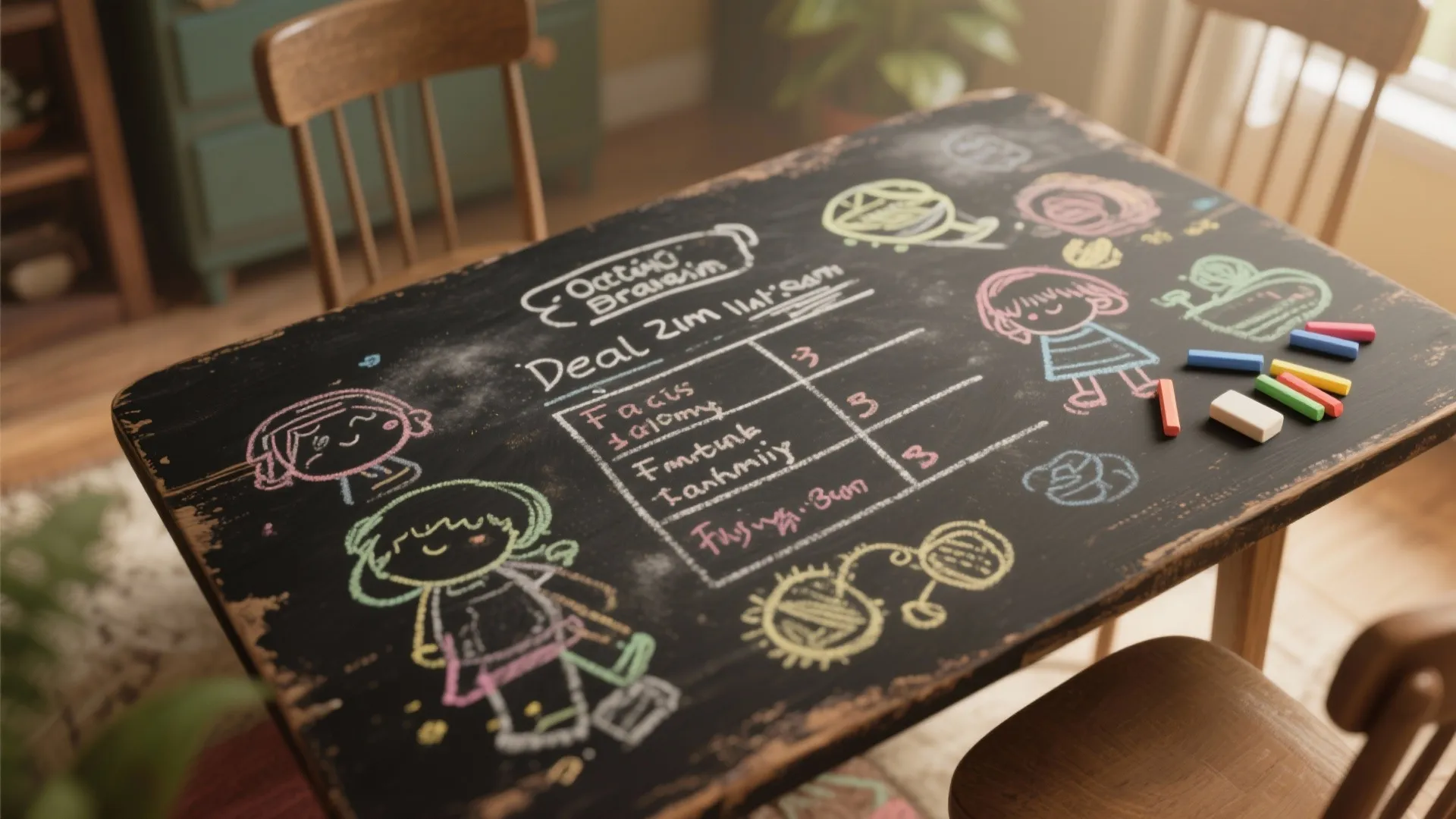 Black chalkboard dining table with colorful chalk drawings of people and flowers in a room