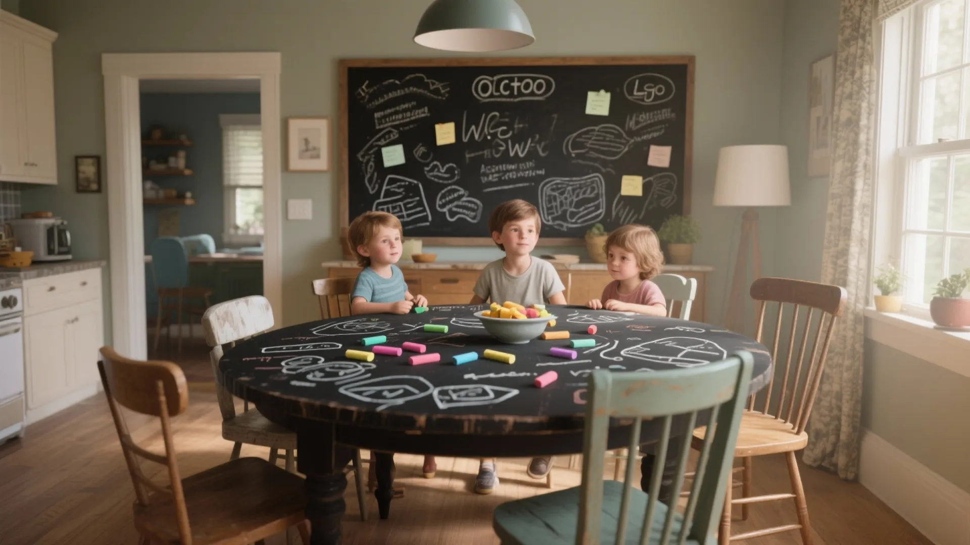 Dining table with a chalkboard painted surface and colorful doodles