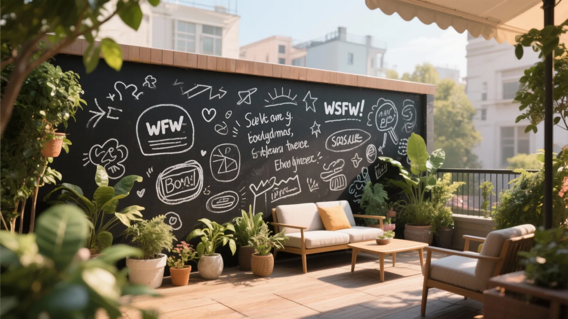 Modern rooftop terrace featuring a large black chalkboard wall with white drawings and various green plants