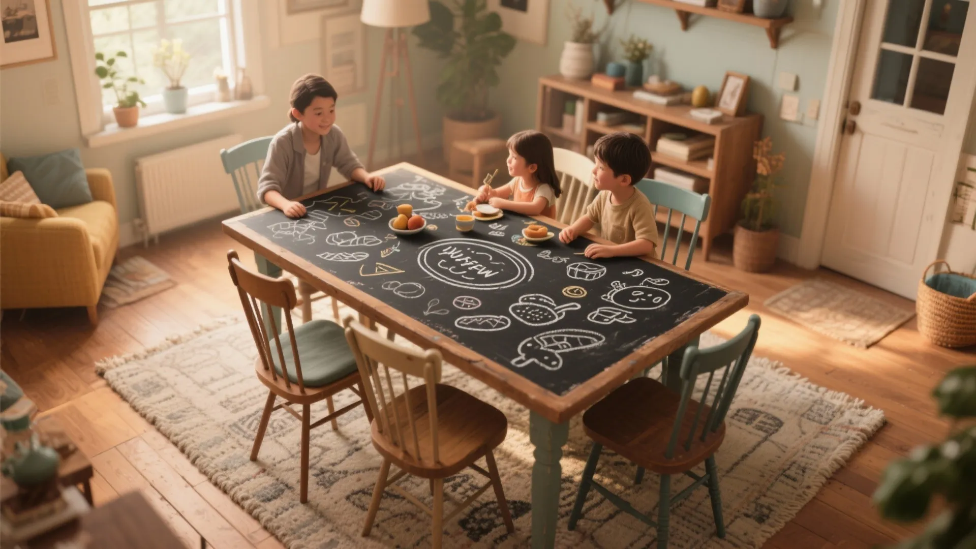 Chalkboard painted dining table with chalk art in family dining room