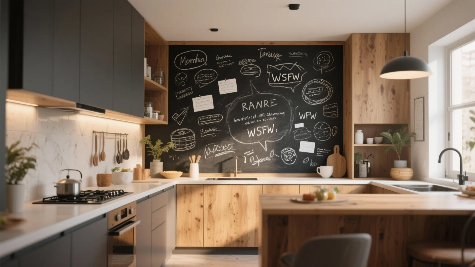 Modern kitchen with wooden cabinets and black chalkboard wall featuring several creative white chalk drawings