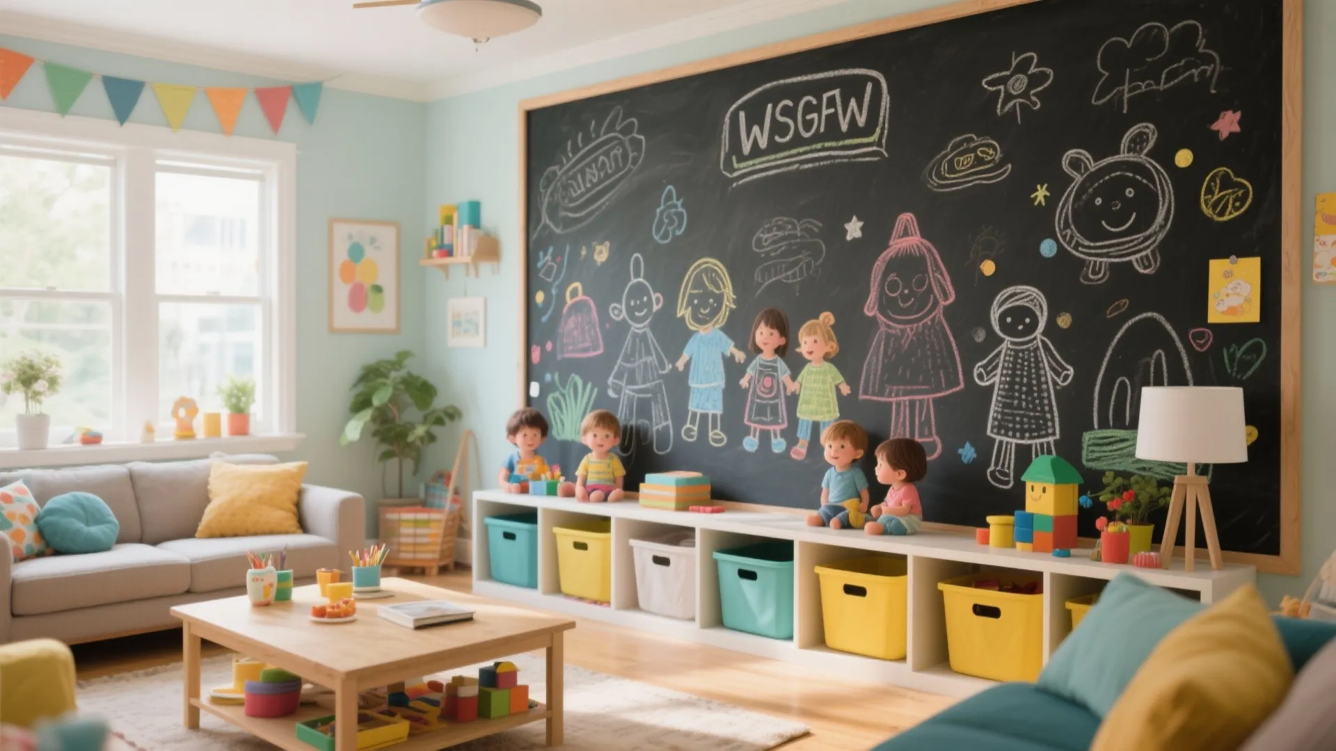 Chalkboard wall with kids' art in living room