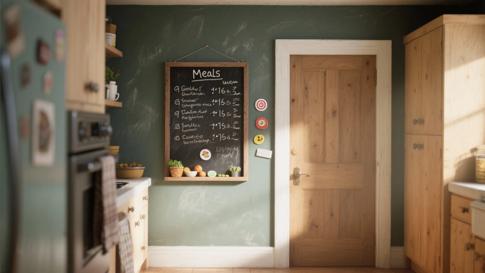 Green kitchen wall featuring a wooden meal planner chalkboard hanging next to a closed door