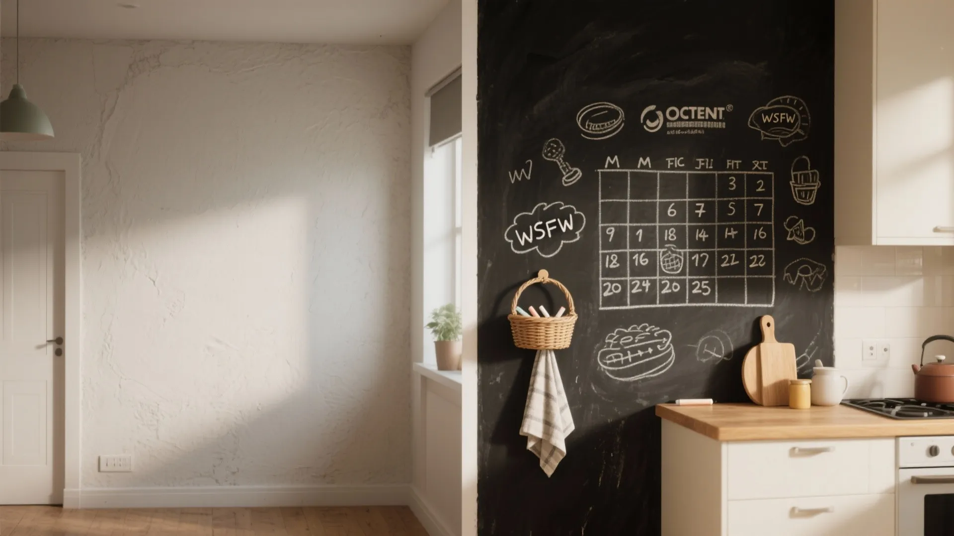 Before-and-after chalkboard monthly wall showing blank plaster transformed into a practical chalk calendar.