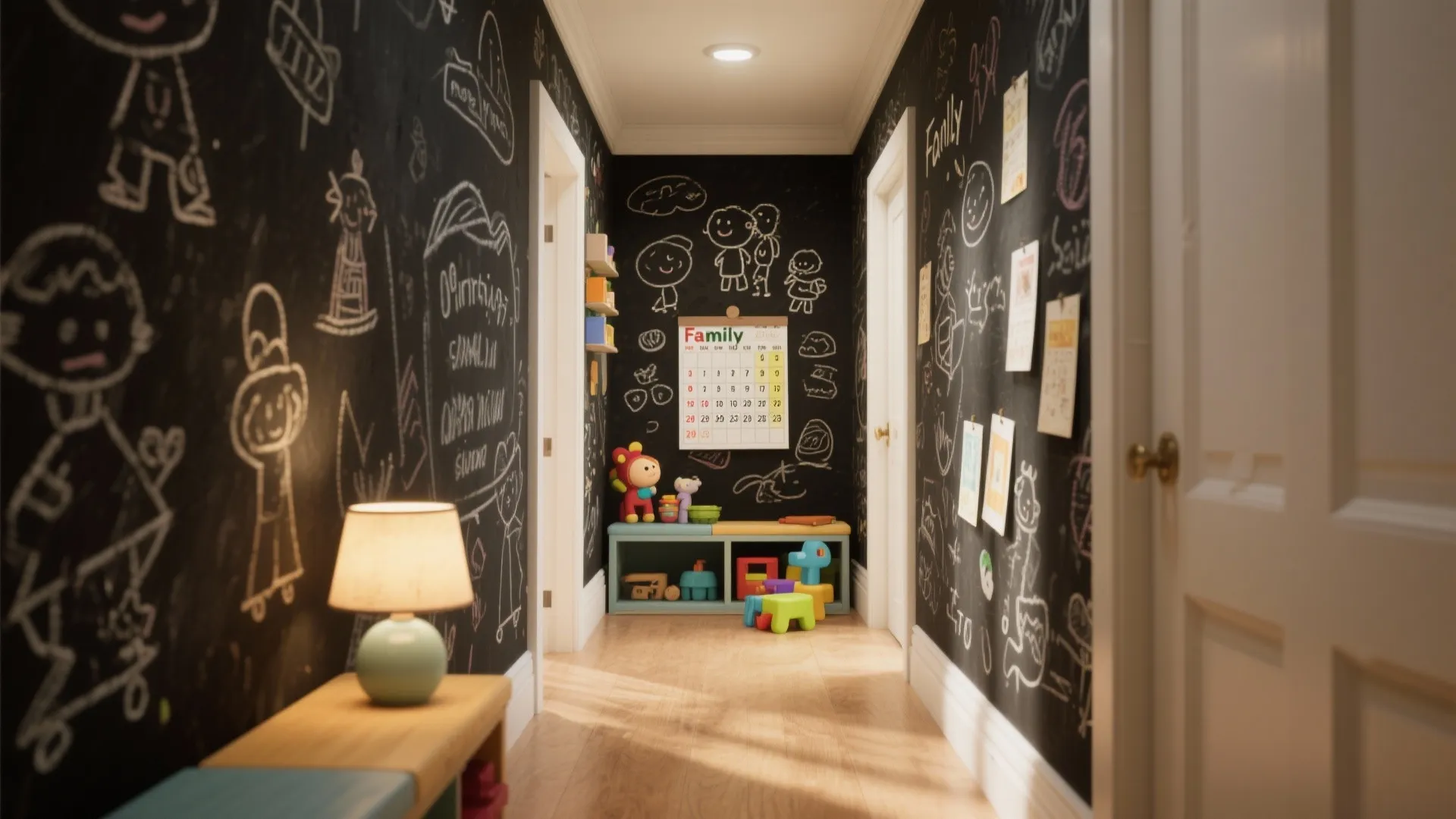 Narrow hallway with black chalkboard walls covered in drawings beside a calendar and small toy shelf