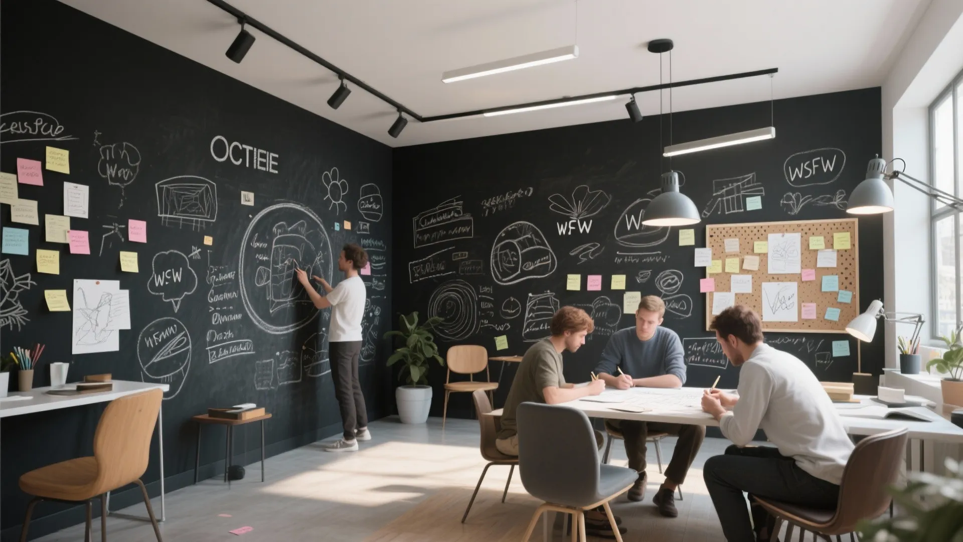 Modern office featuring black chalkboard walls with people sketching at a table and on wall