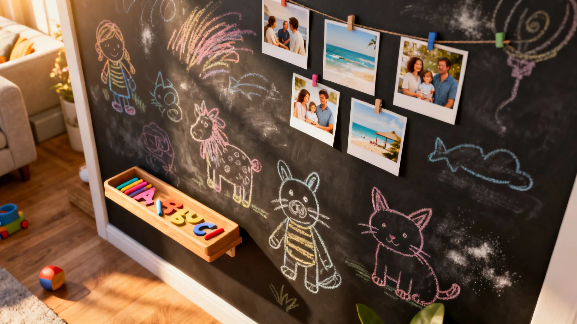 Black chalkboard/magnetic wall in a family living area with drawings and pinned photos